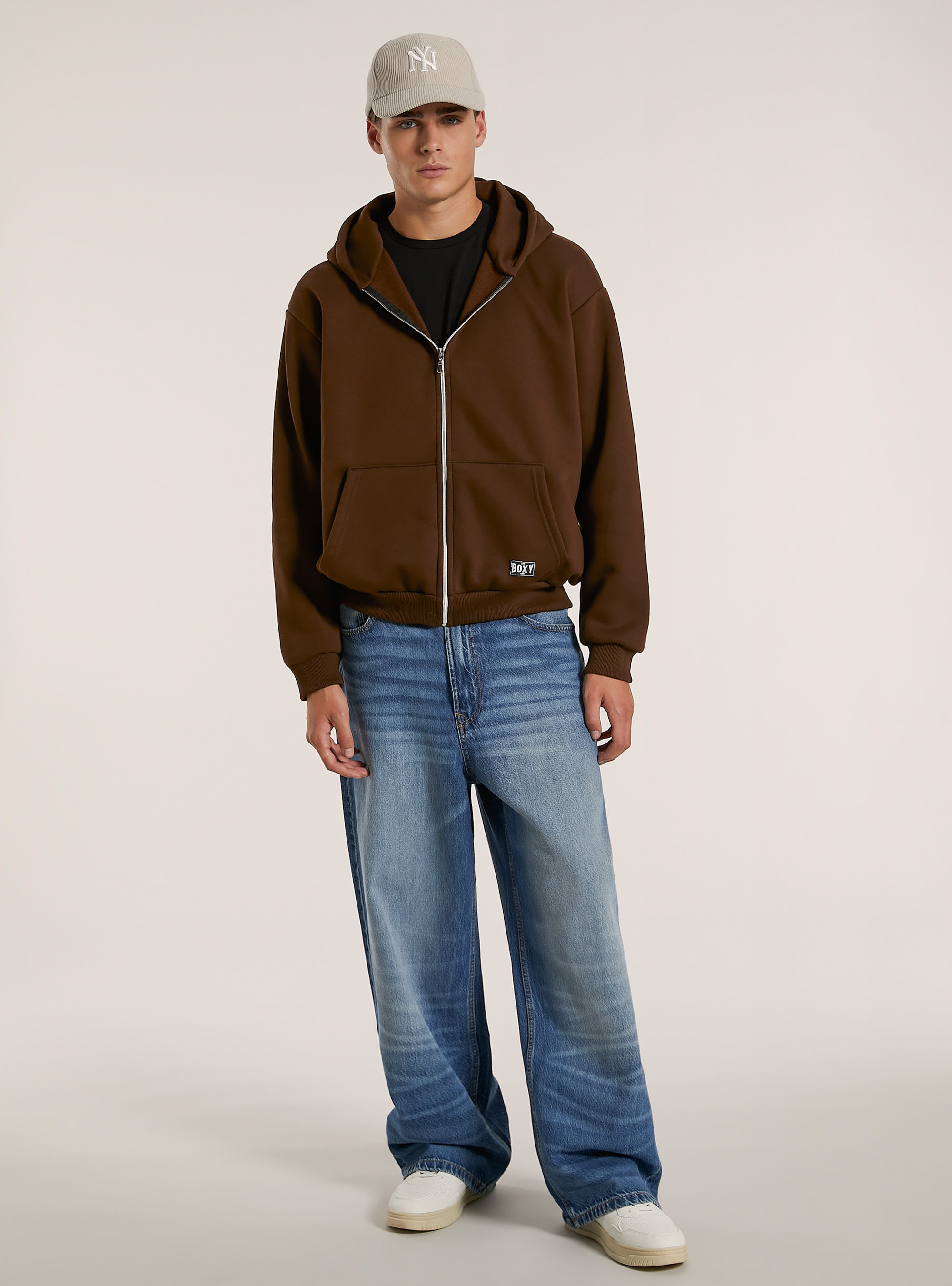 Felpa con zip e cappuccio boxy fit, BR1 BROWN DARK