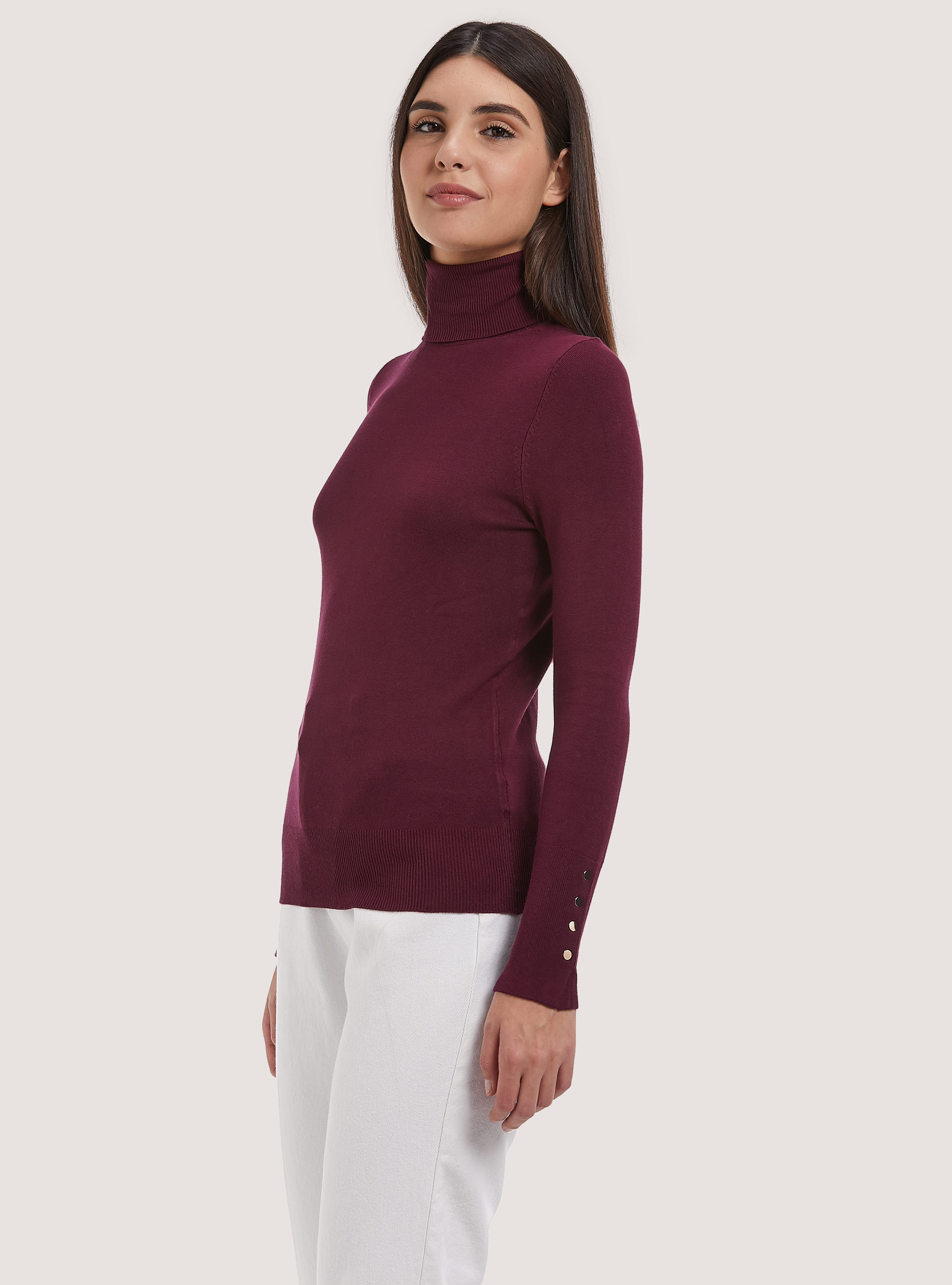 Pullover a collo alto con bottoni sulla manica, BO1 BORDEAUX DARK