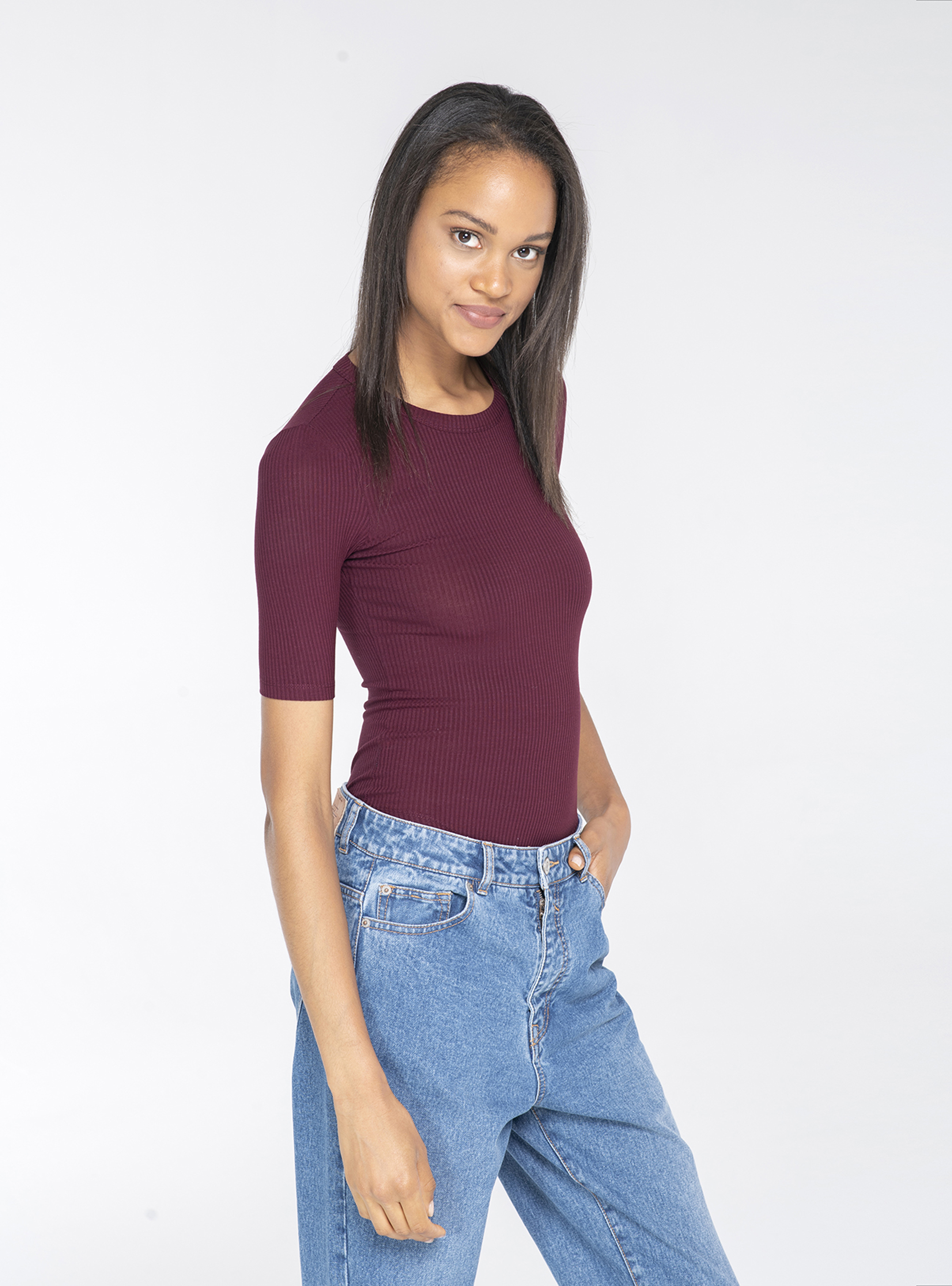 Basic ribbed bodysuit, BORDEAUX