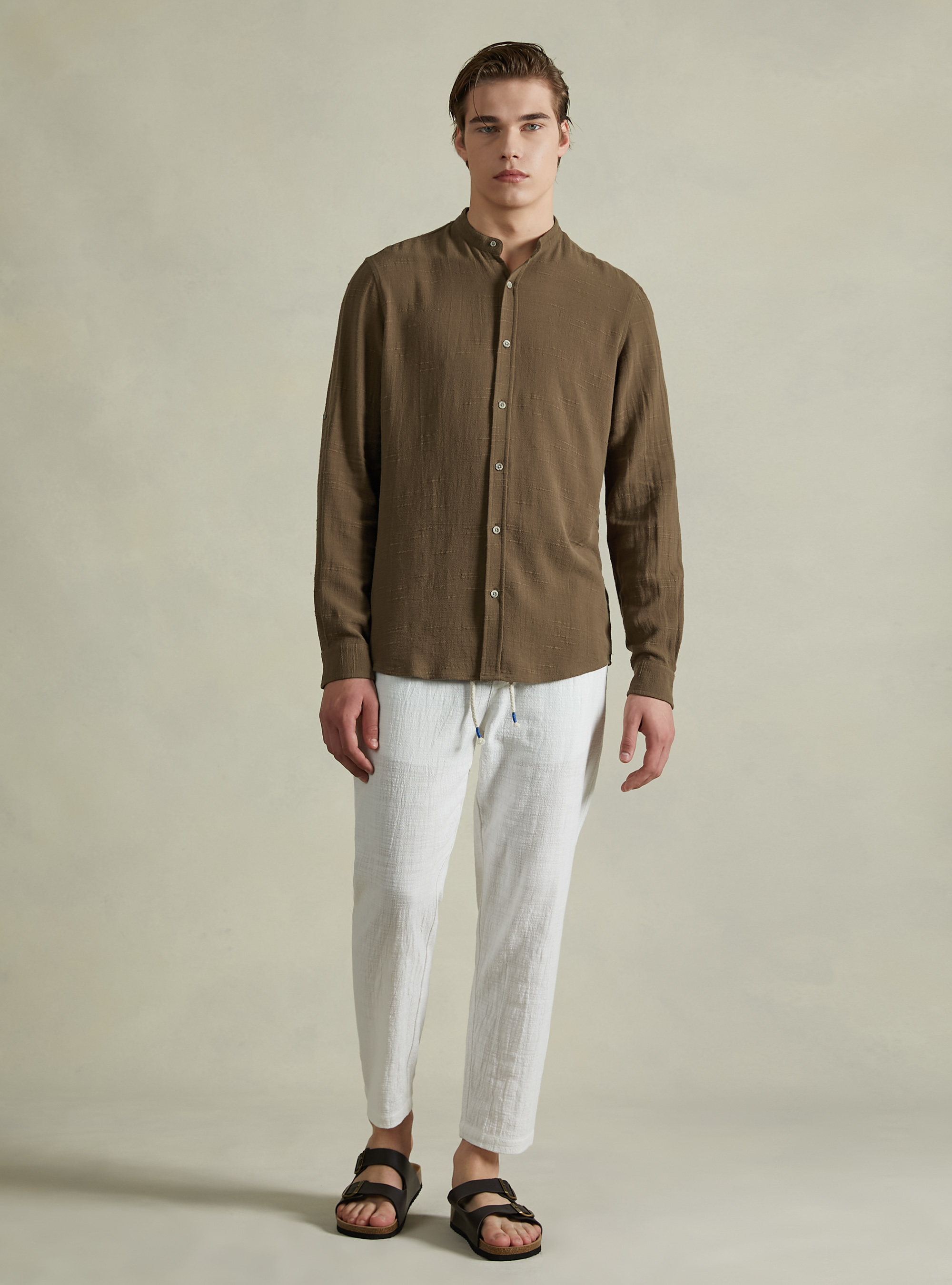 Linen blend shirt with Korean collar, TB1 TOBACCO DARK