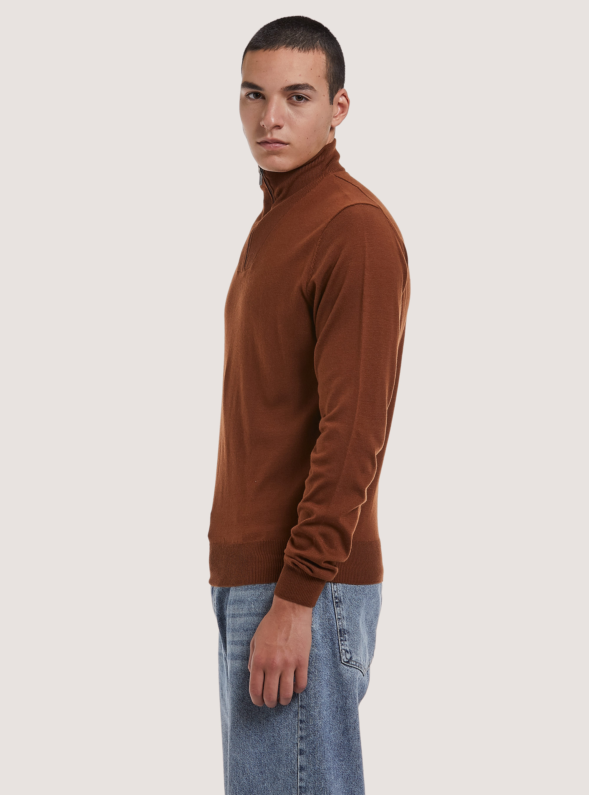 Merino wool zip half-neck pullover, TB1 TOBACCO DARK