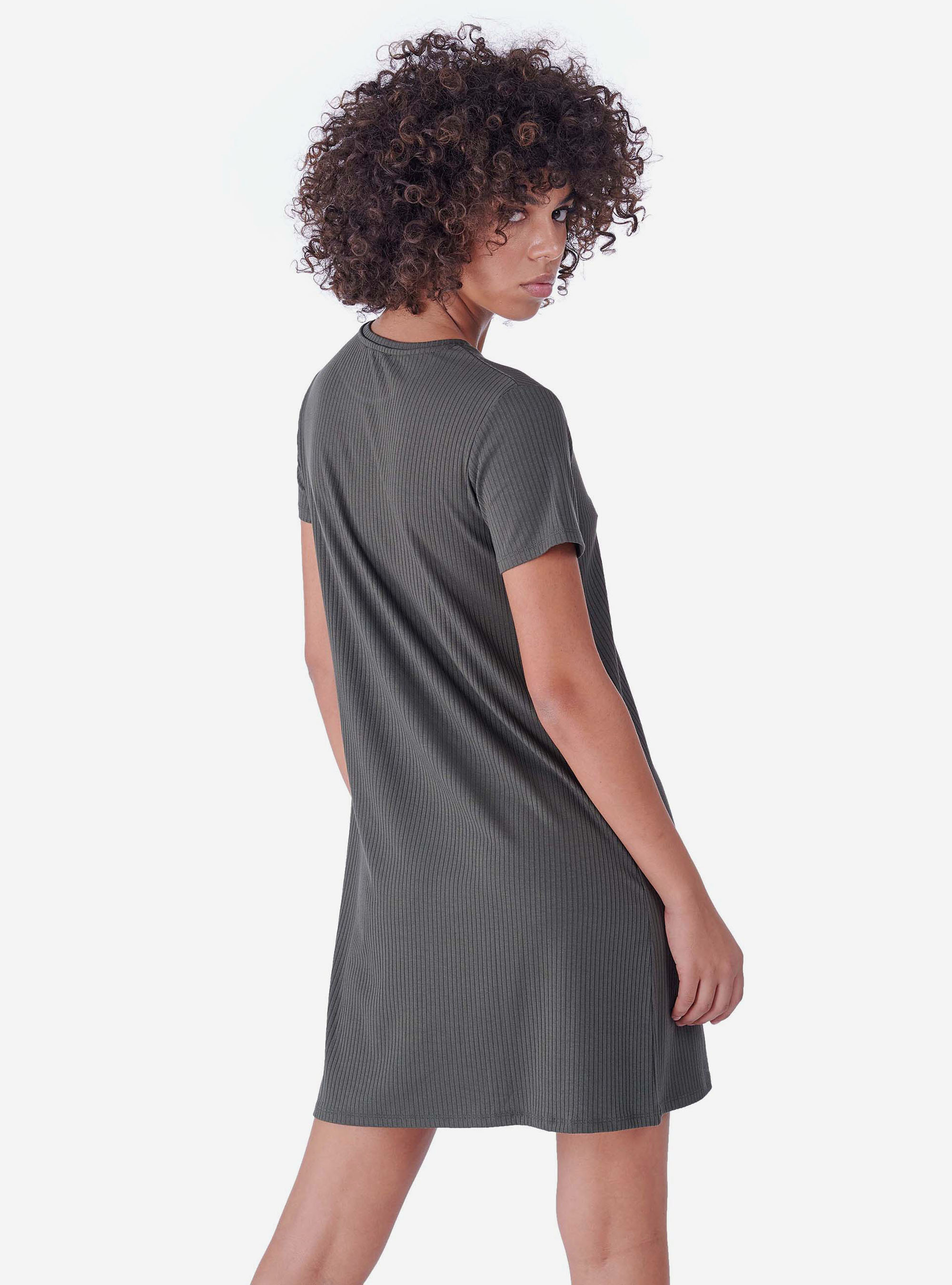 Vestito corto in cotone a costine fit morbido, KAKI