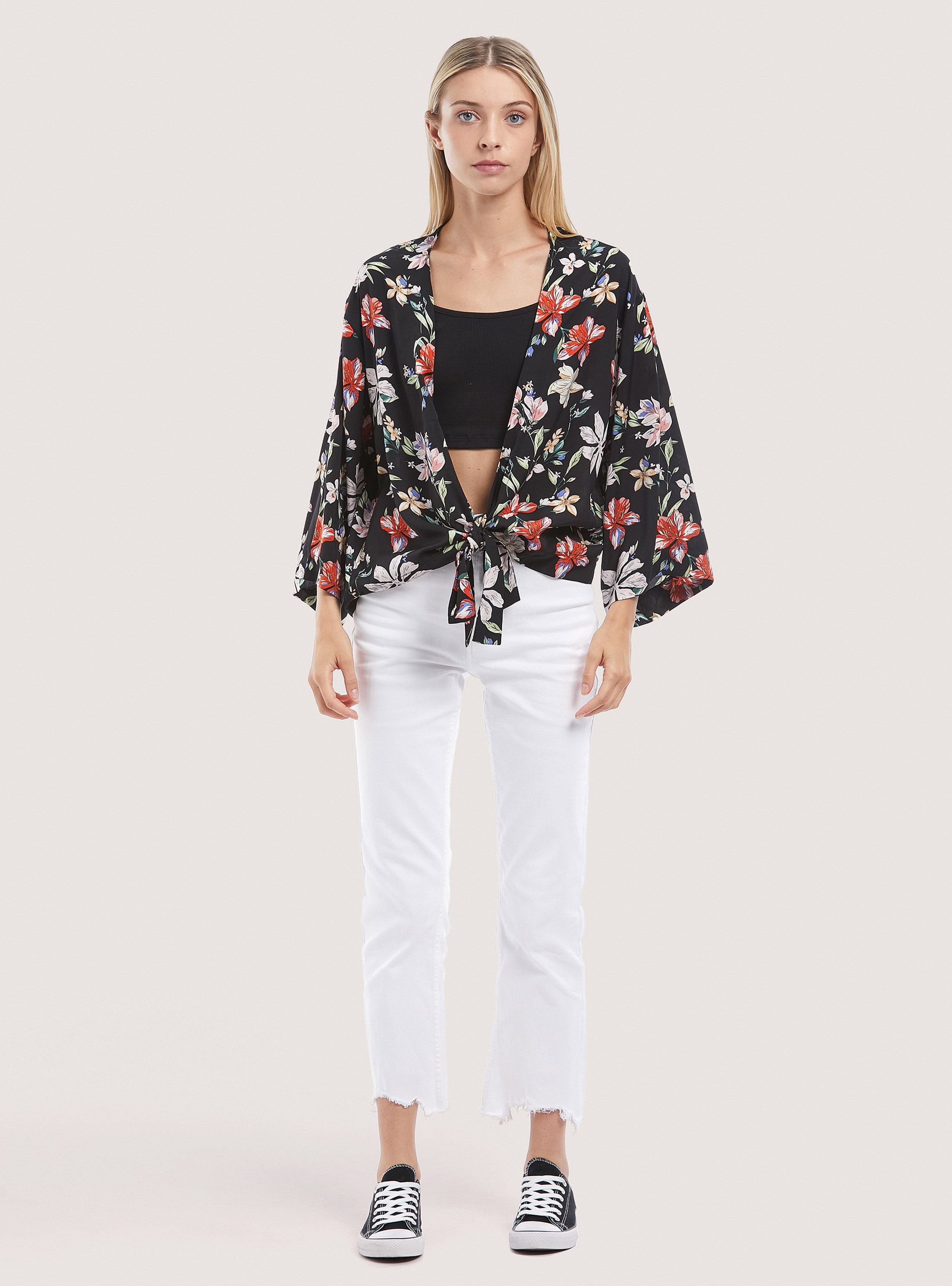 Kimono avec imprimé floral, FL101 FLOWER BLACK