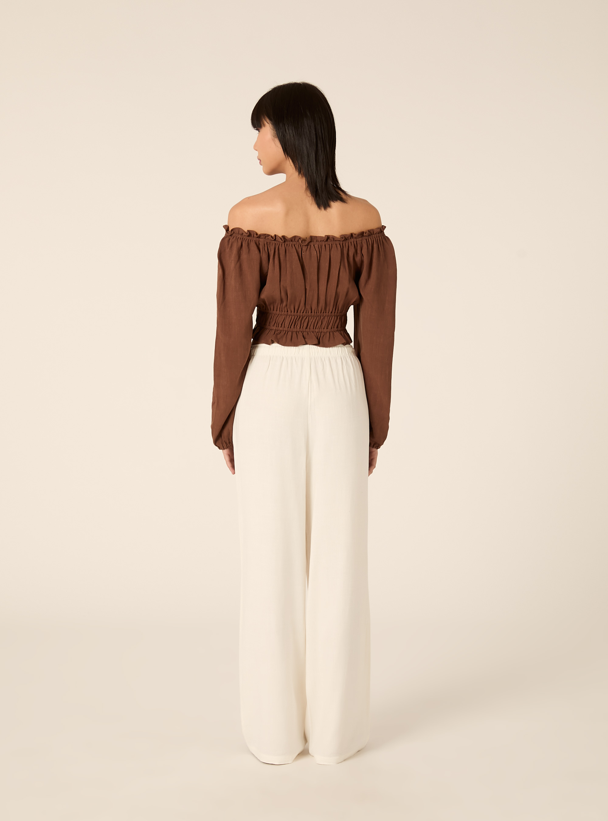 Blusa con spalle scoperte in misto lino, BR2 BROWN MEDIUM