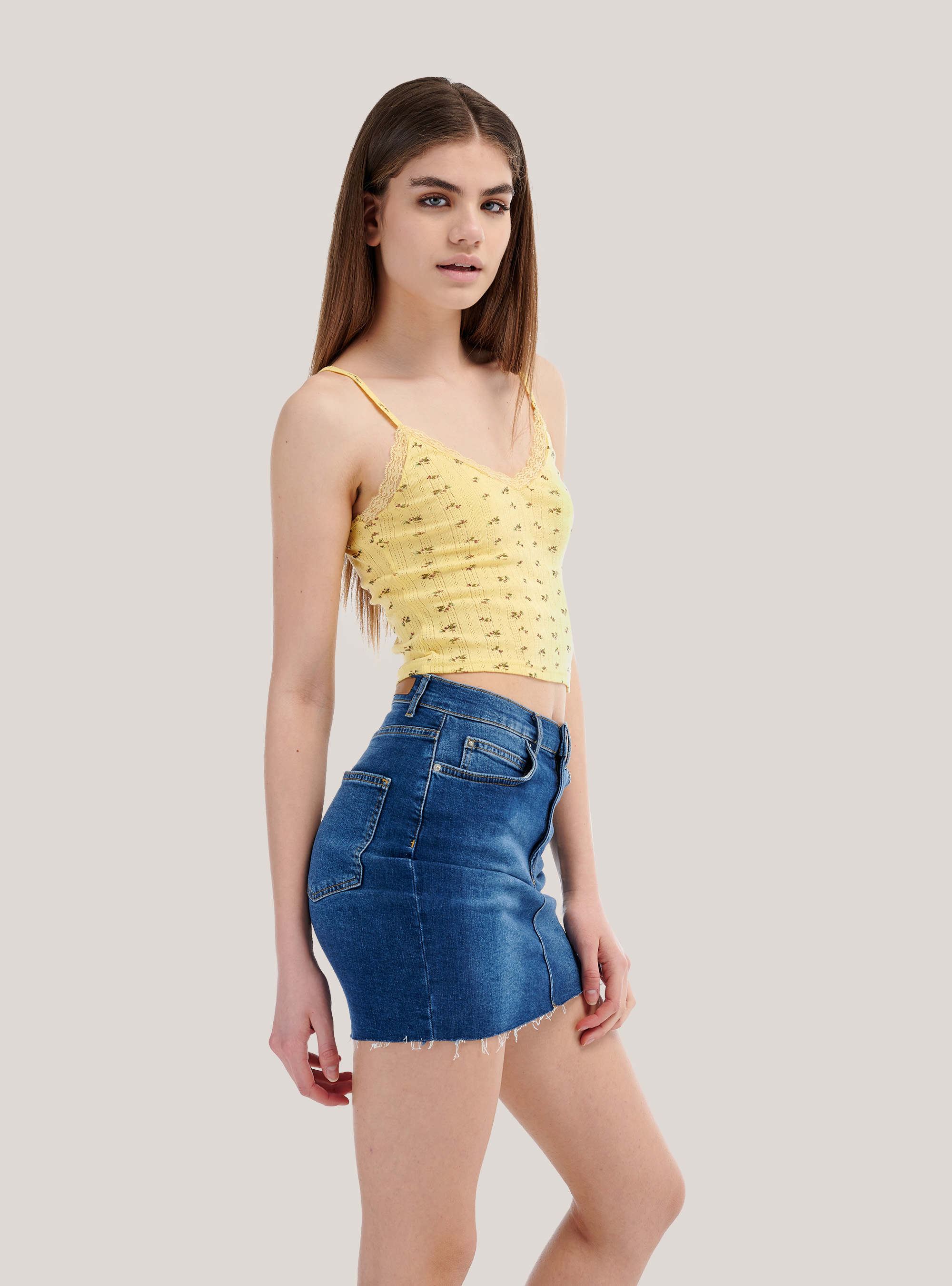 Cropped top a costina con stampa a fiori, C784 YELLOW