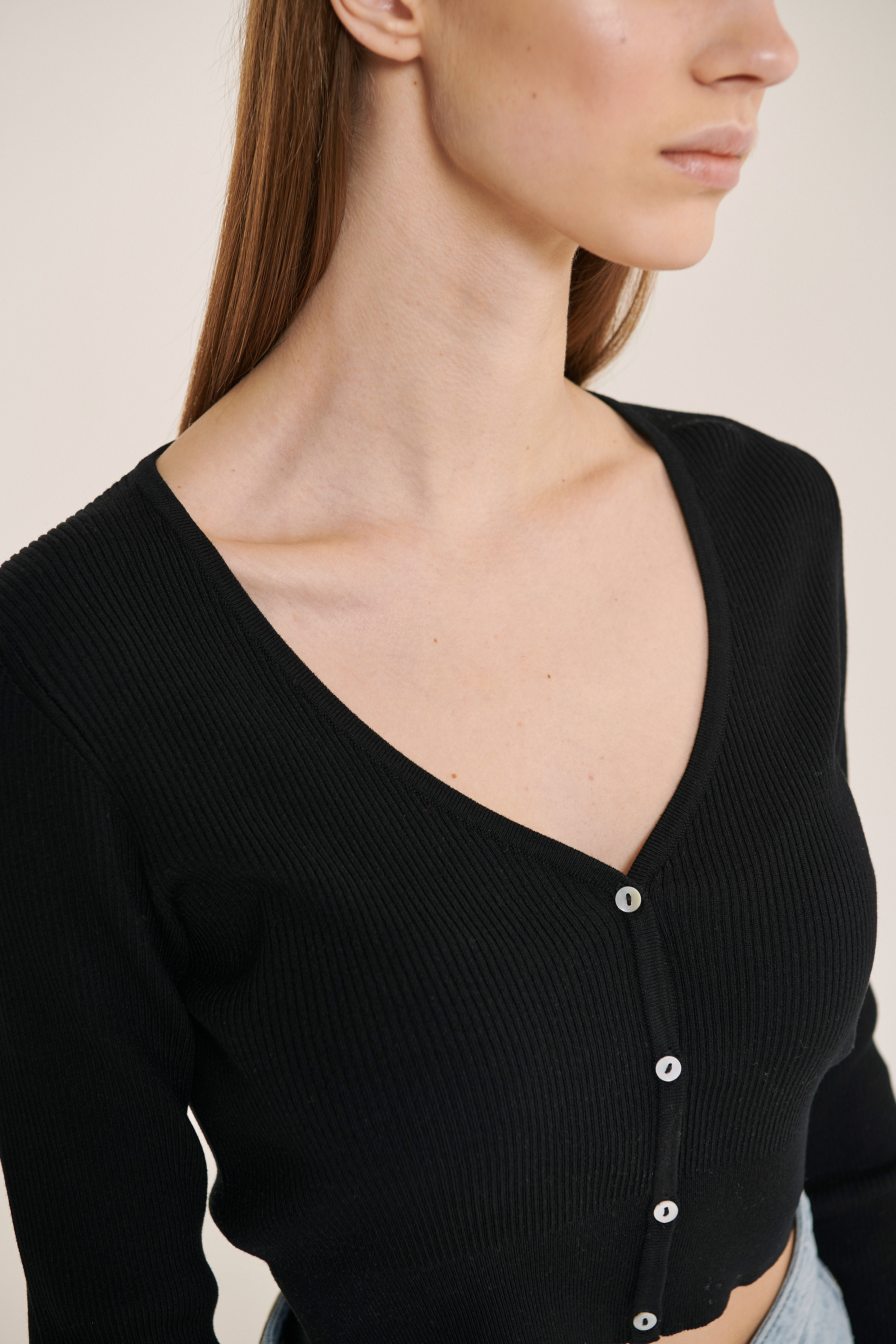 Cropped rib cardigan, BLACK