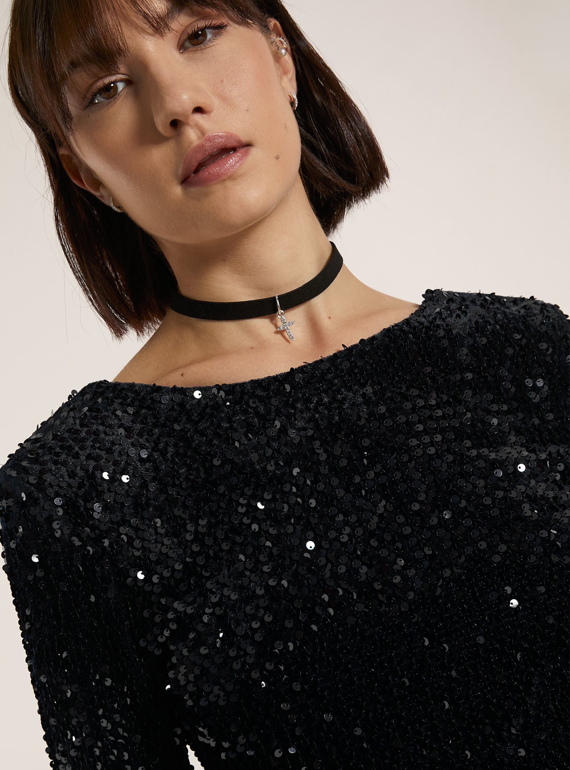 Vestito paillettes con schiena scoperta, BK1 BLACK