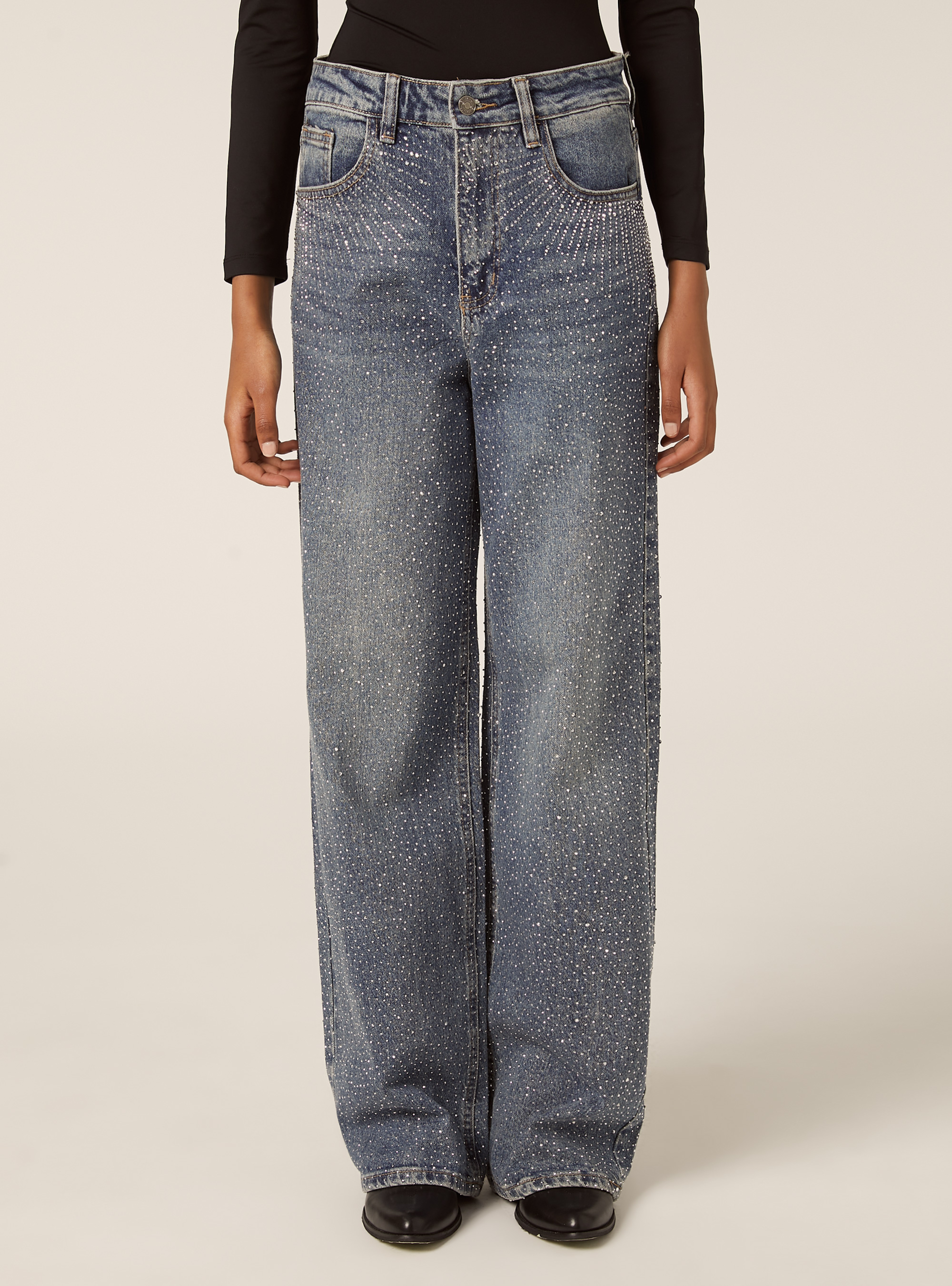 Jeans strass combinati straight, D003 MEDIUM BLUE