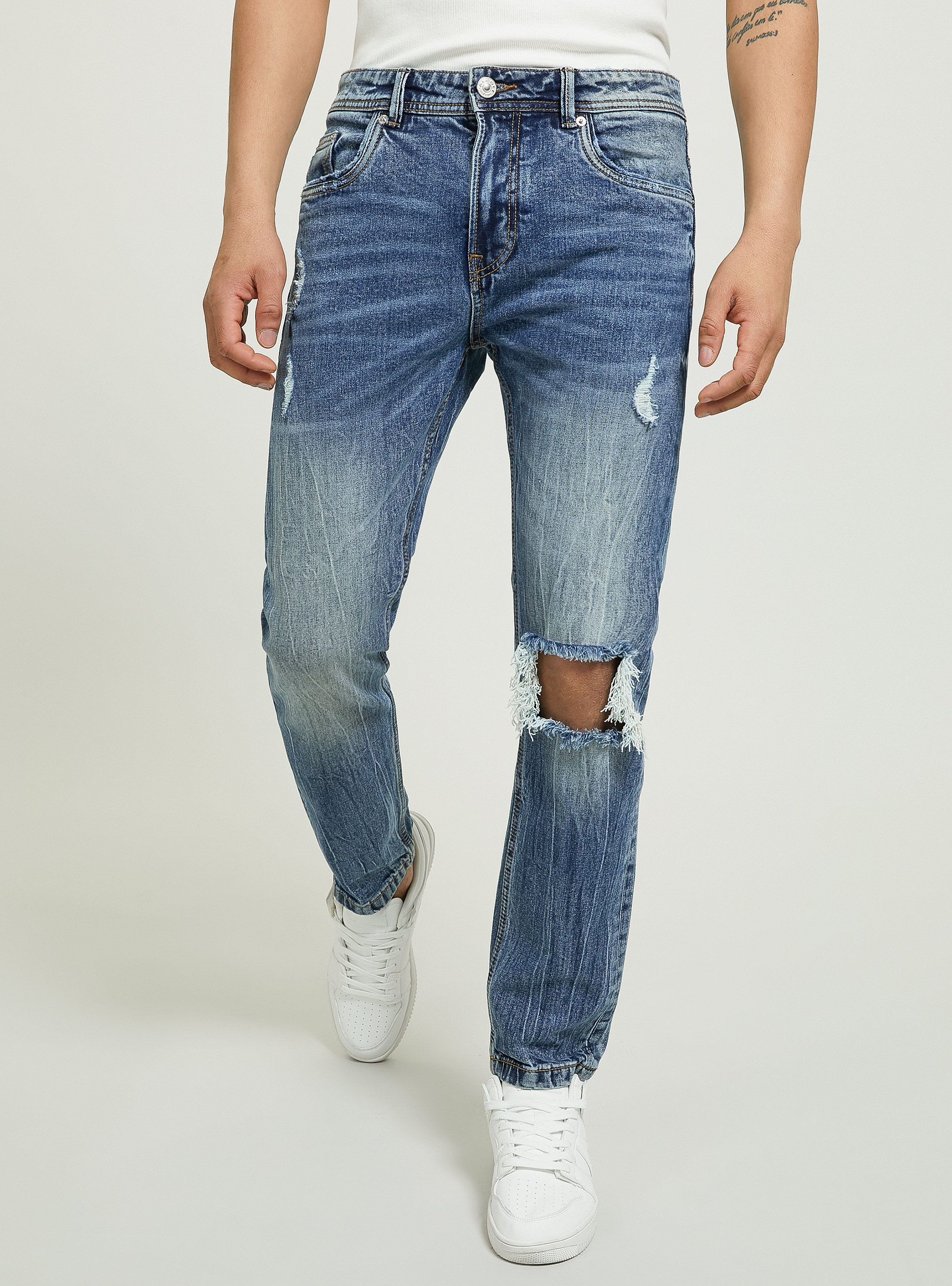 Slim fit stretch denim jeans with rips, D002 MEDIUM DARK BLUE