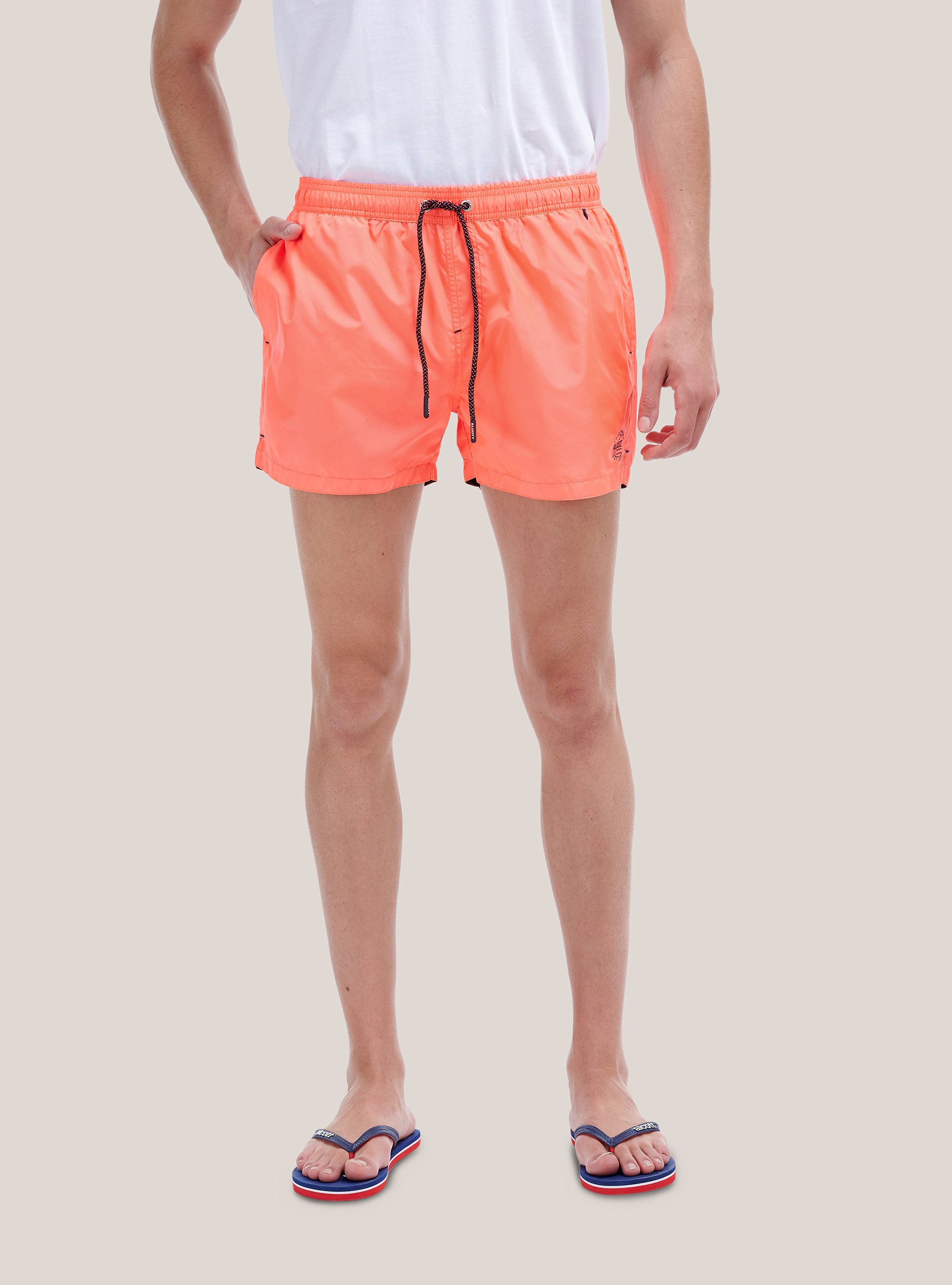 Color solid swimsuit with front embroidery and back pocket., C3383 CORAL