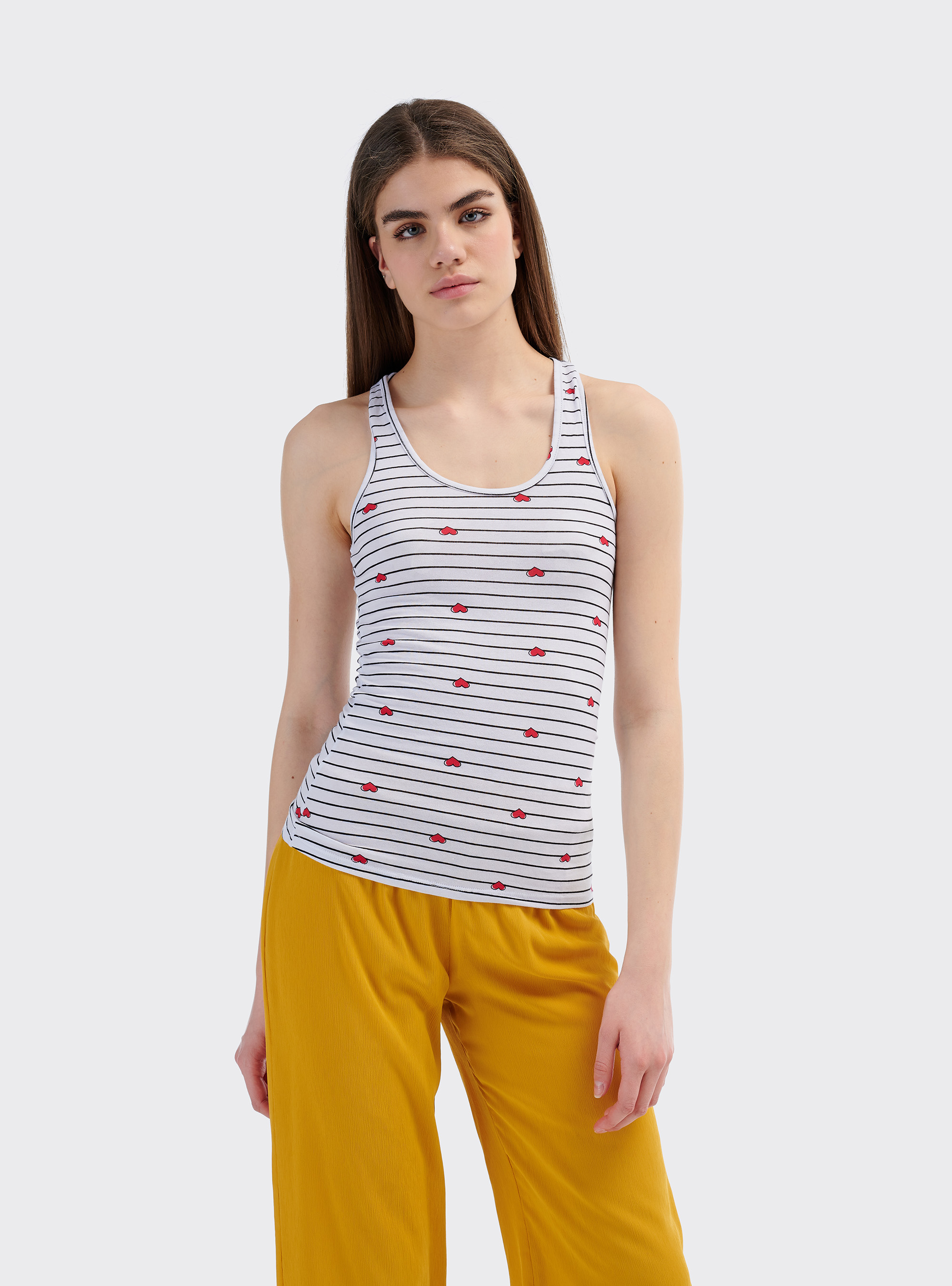 Top stretch fit stampa a righe con scollo americano sul retro, HEART