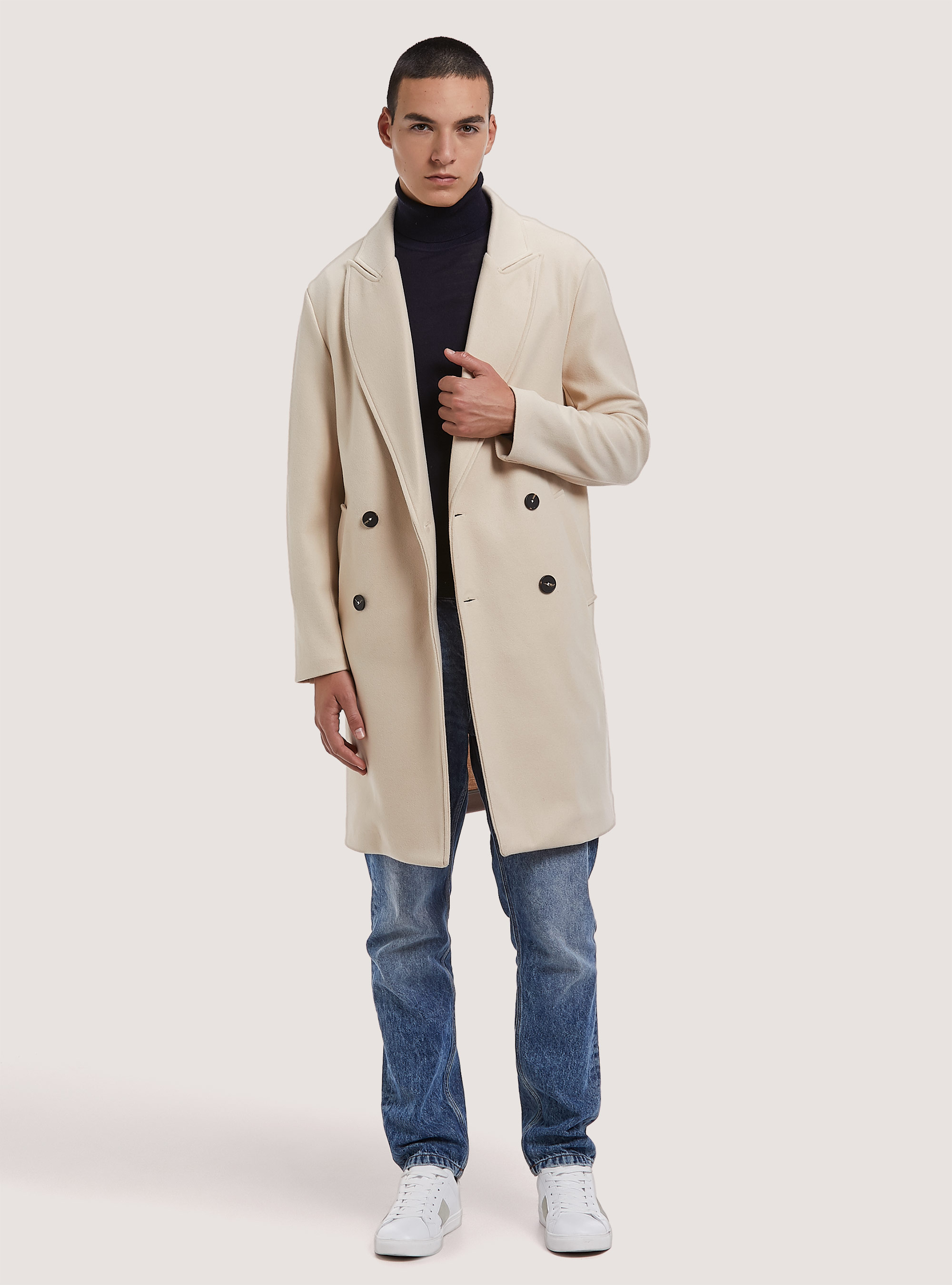 Solid-coloured double-breasted coat, WH1 OFF WHITE