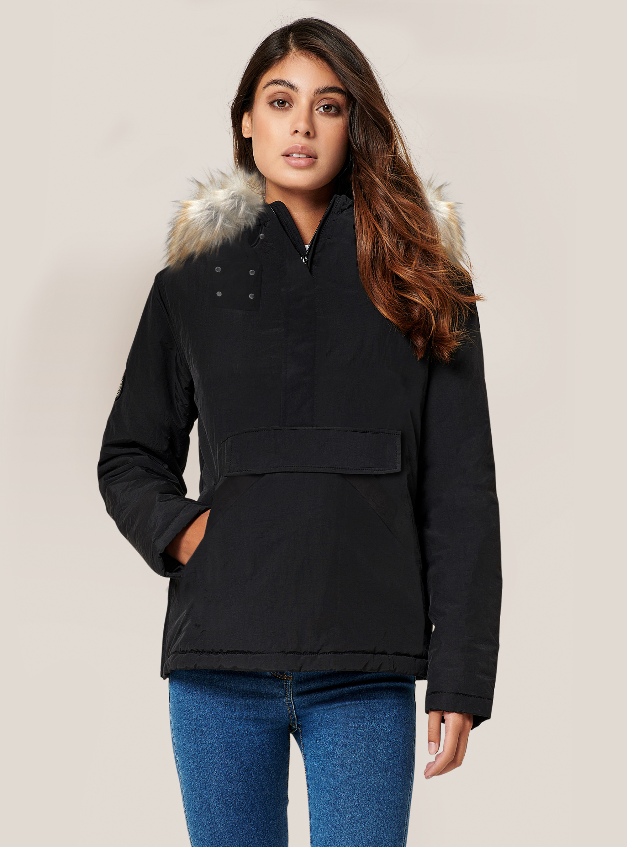 Anorak con pelliccia, C101 BLACK