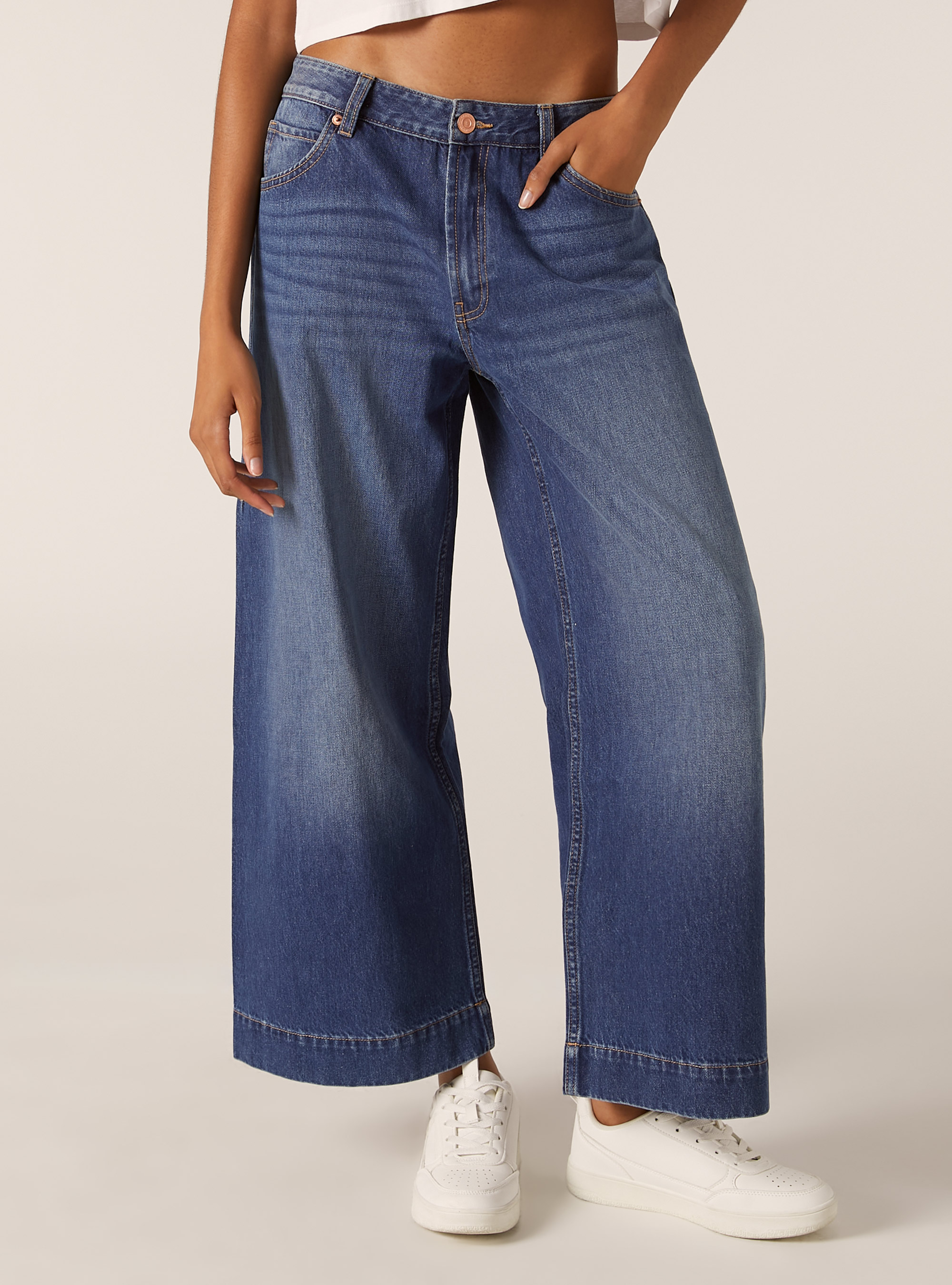 Coloured wide leg cropped jeans, D003 MEDIUM BLUE
