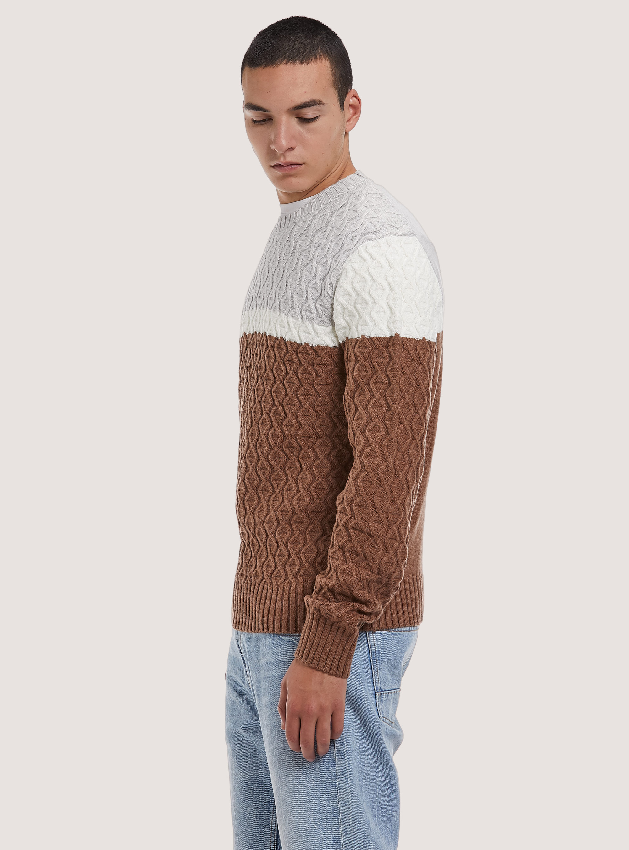 Pullover color block con texture, TB1 TOBACCO DARK