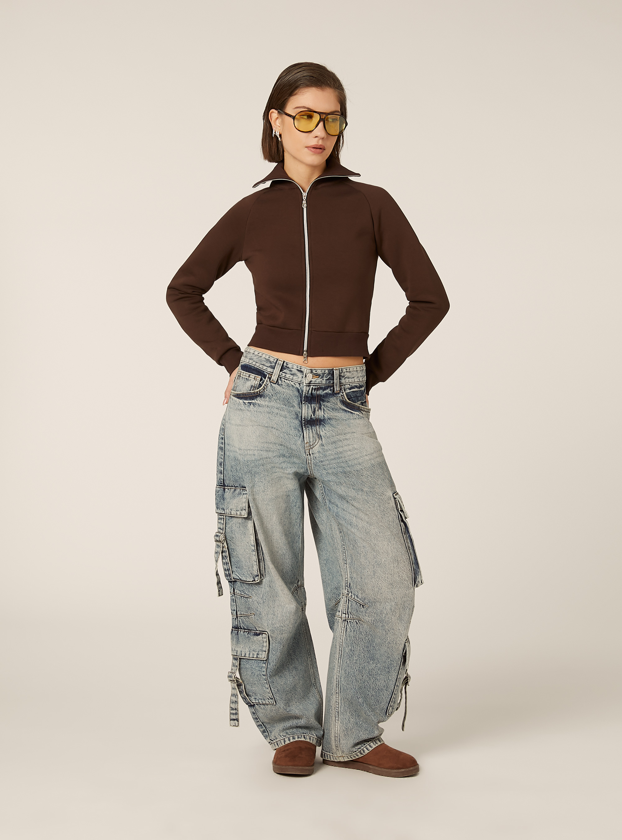 Sudadera con cremallera y cuello con solapa, BR1 BROWN DARK