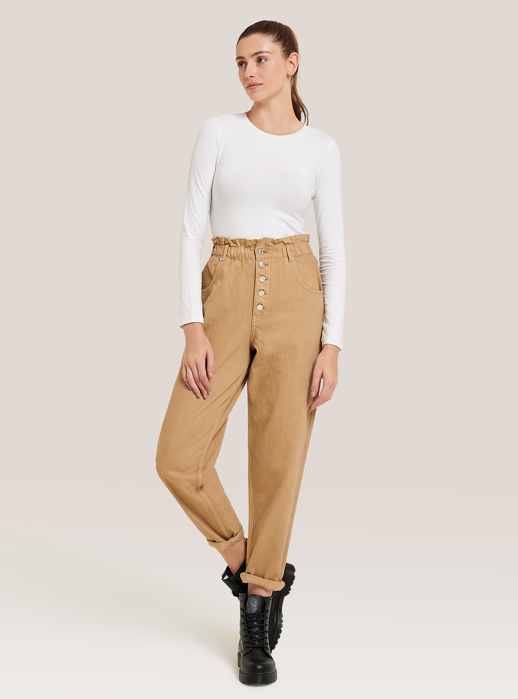 Jean en coton slouchy, C5482 BEIGE