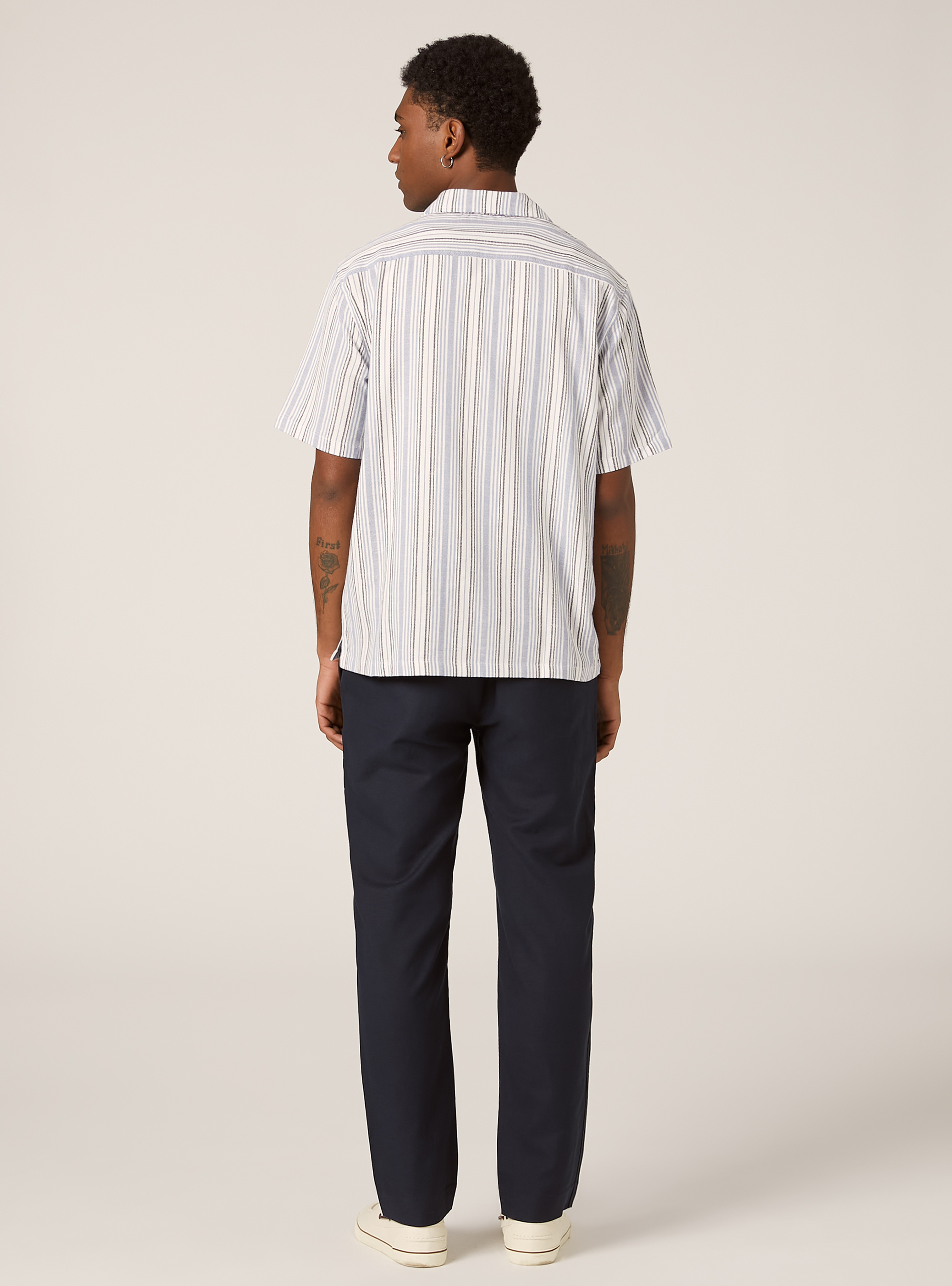 シャツ IONSEOUL Elu stripe linen short sleeves shirt JP5D0039 100% European Linen Short Sleeve Shirt in Blue Pinstripe