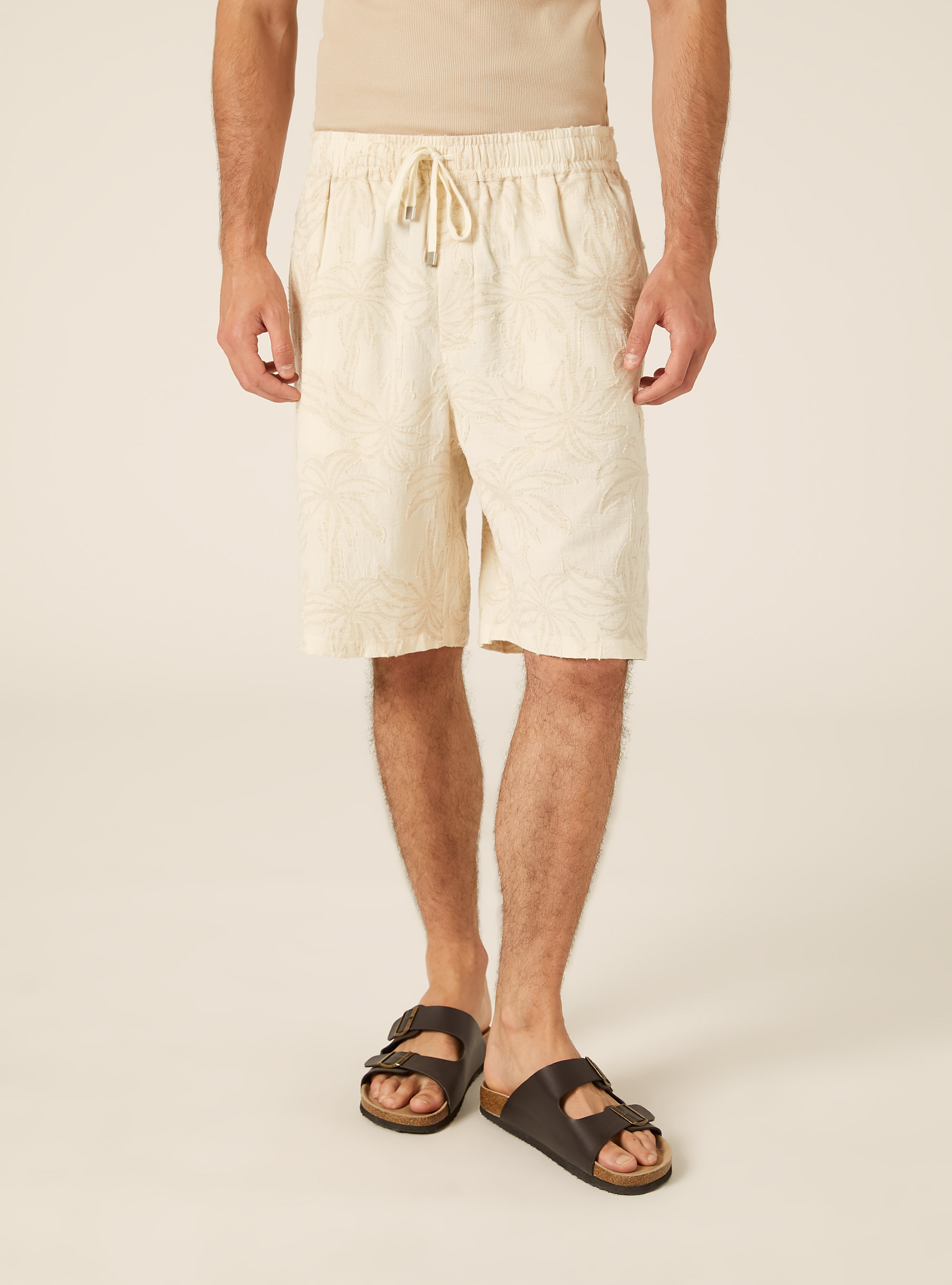 Bermuda in misto lino jaquard con laccio in vita, CREMA CHIARO