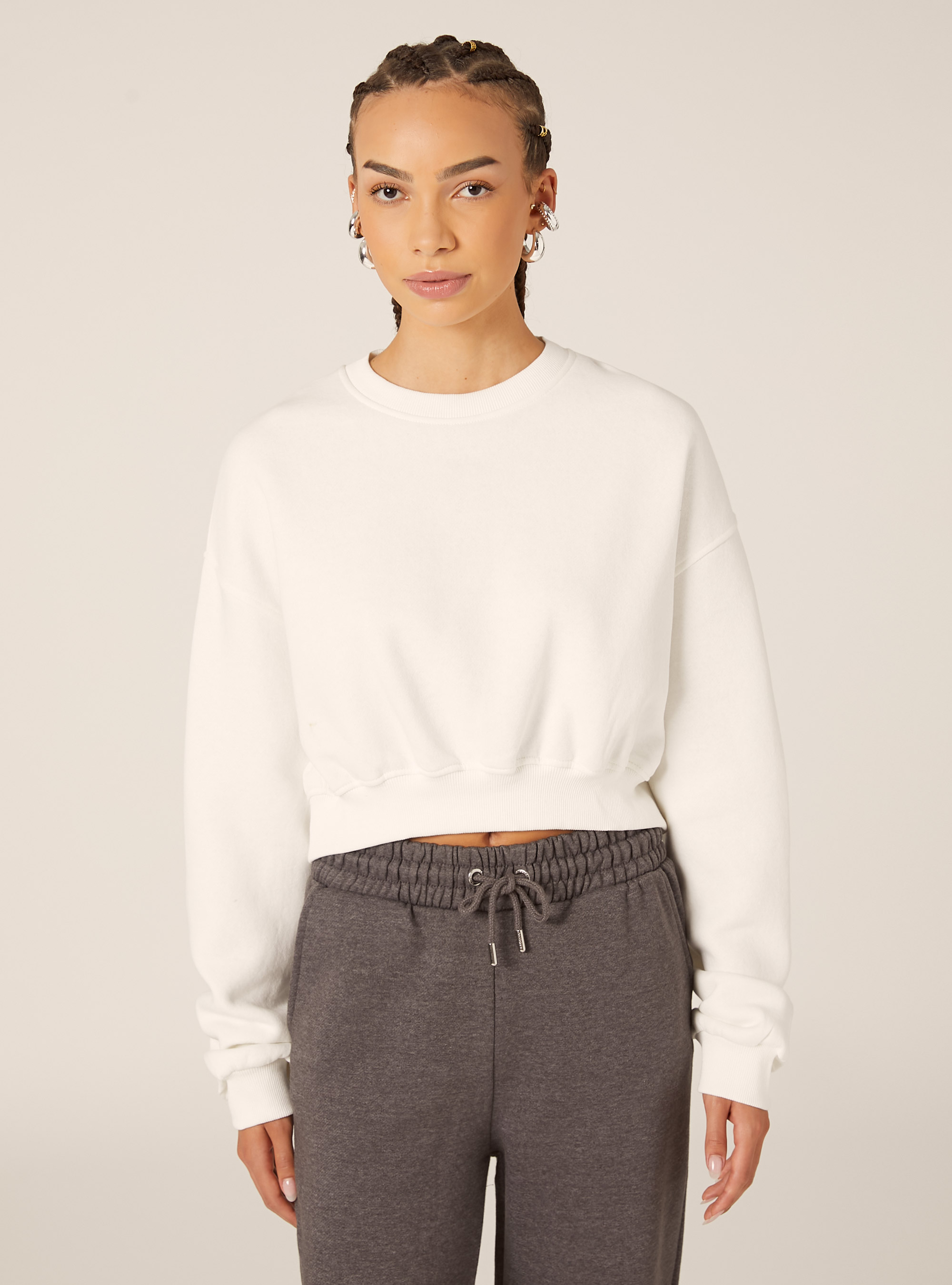 Felpa girocollo in cotone crop, WH2 WHITE