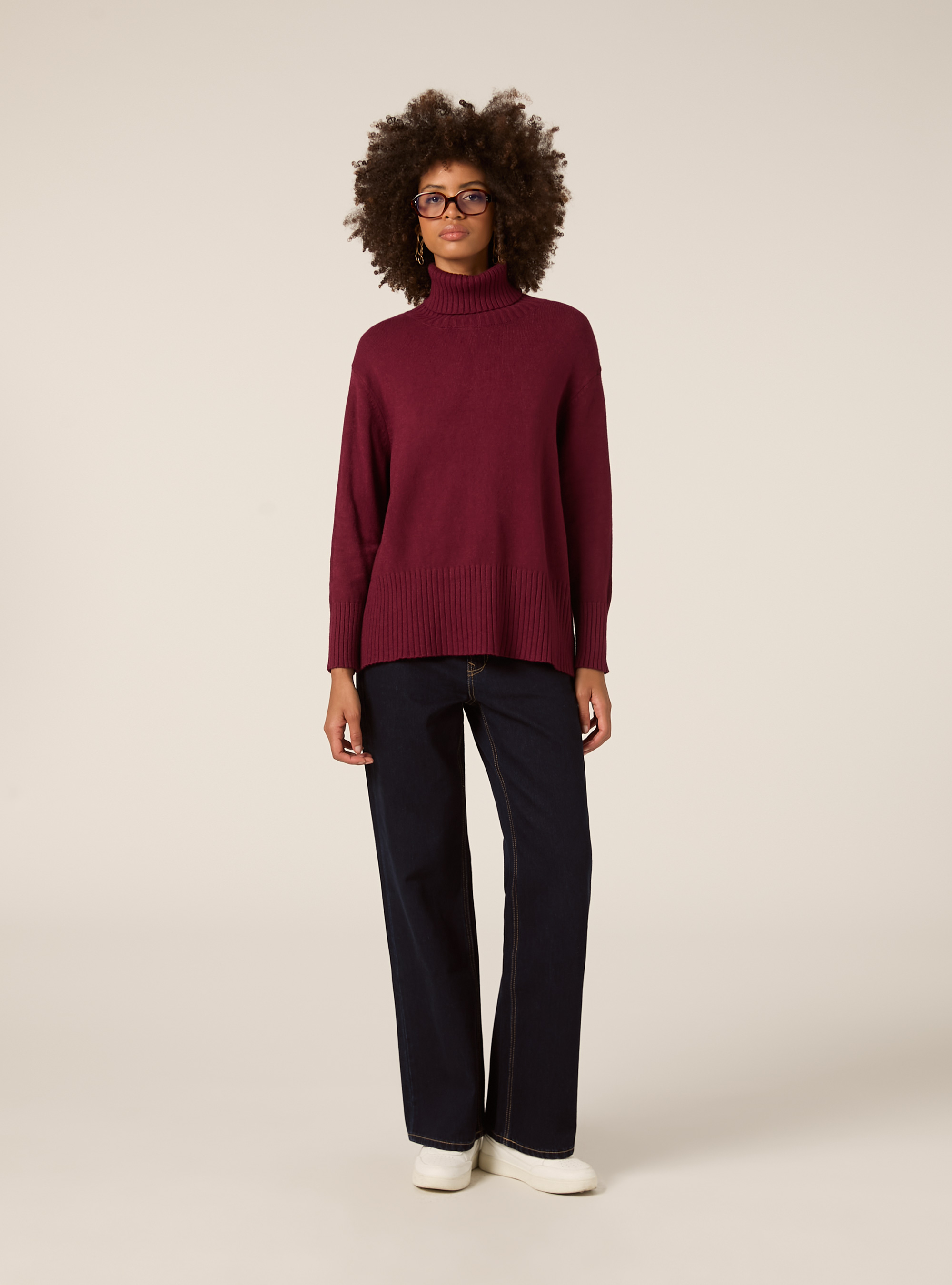 Pullover collo alto fondo a coste, BO1 BORDEAUX DARK