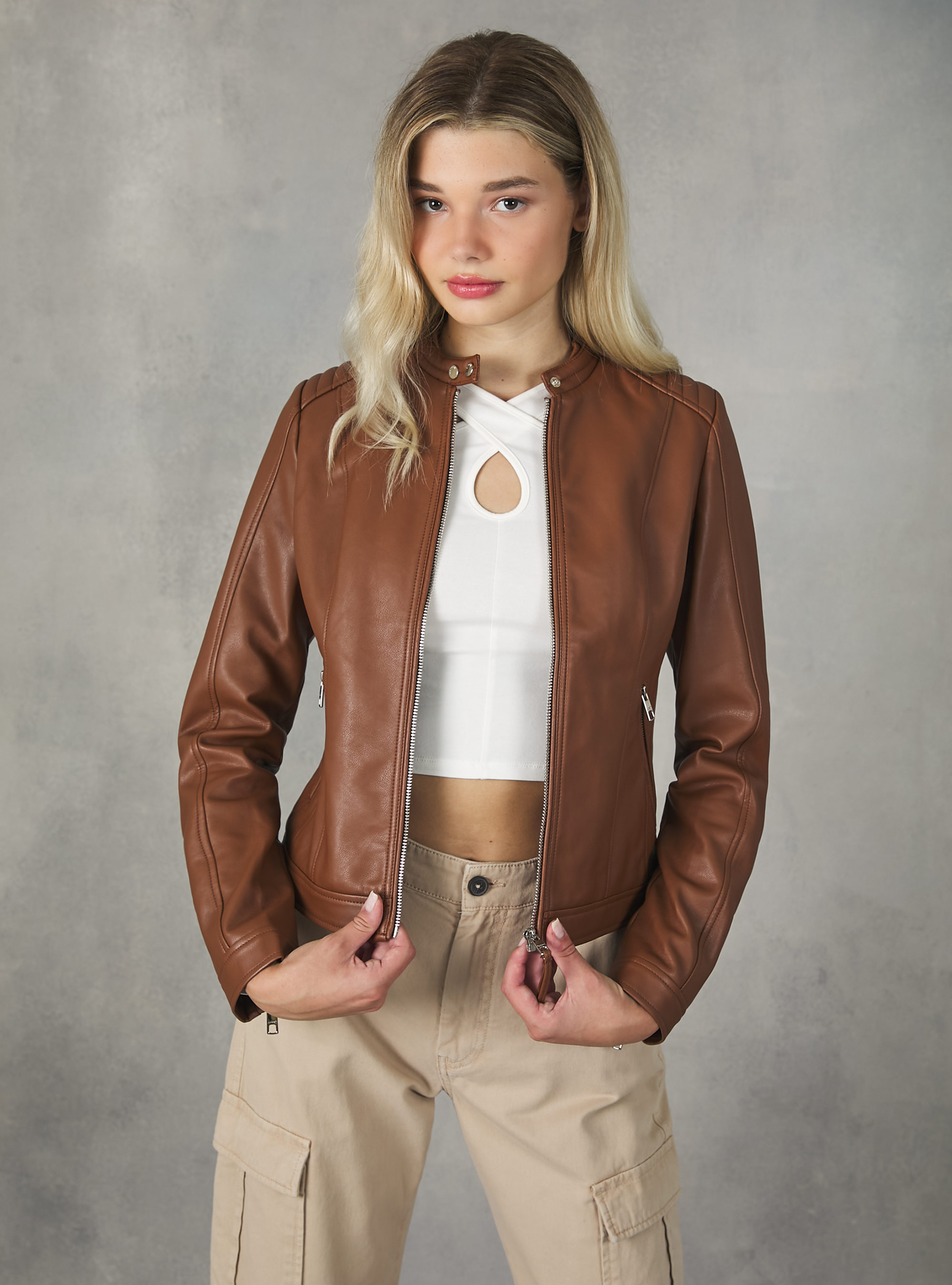 Leather-effect biker jacket, TB3 TOBACCO LIGHT