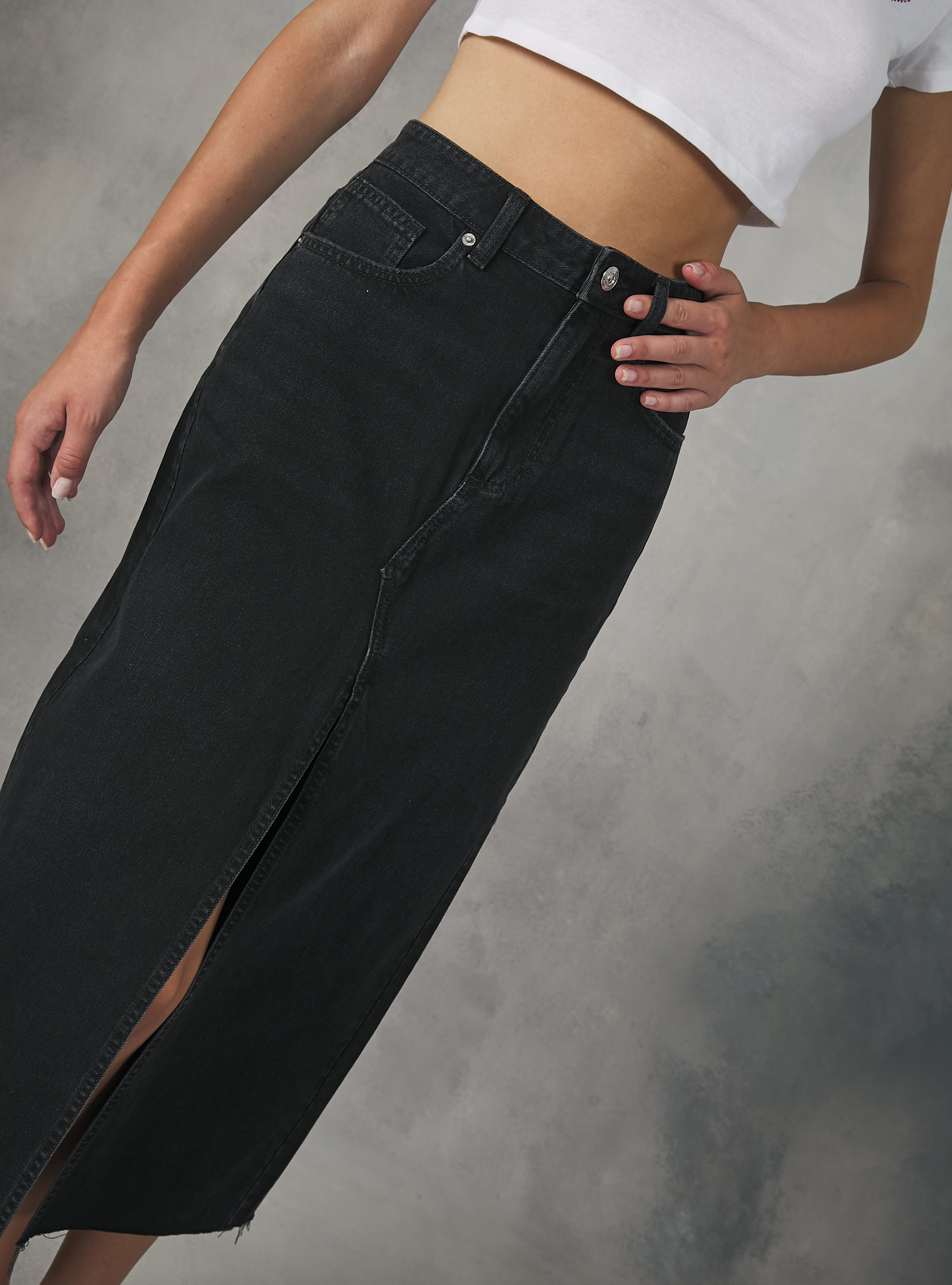 Denim long skirt, D000 BLACK