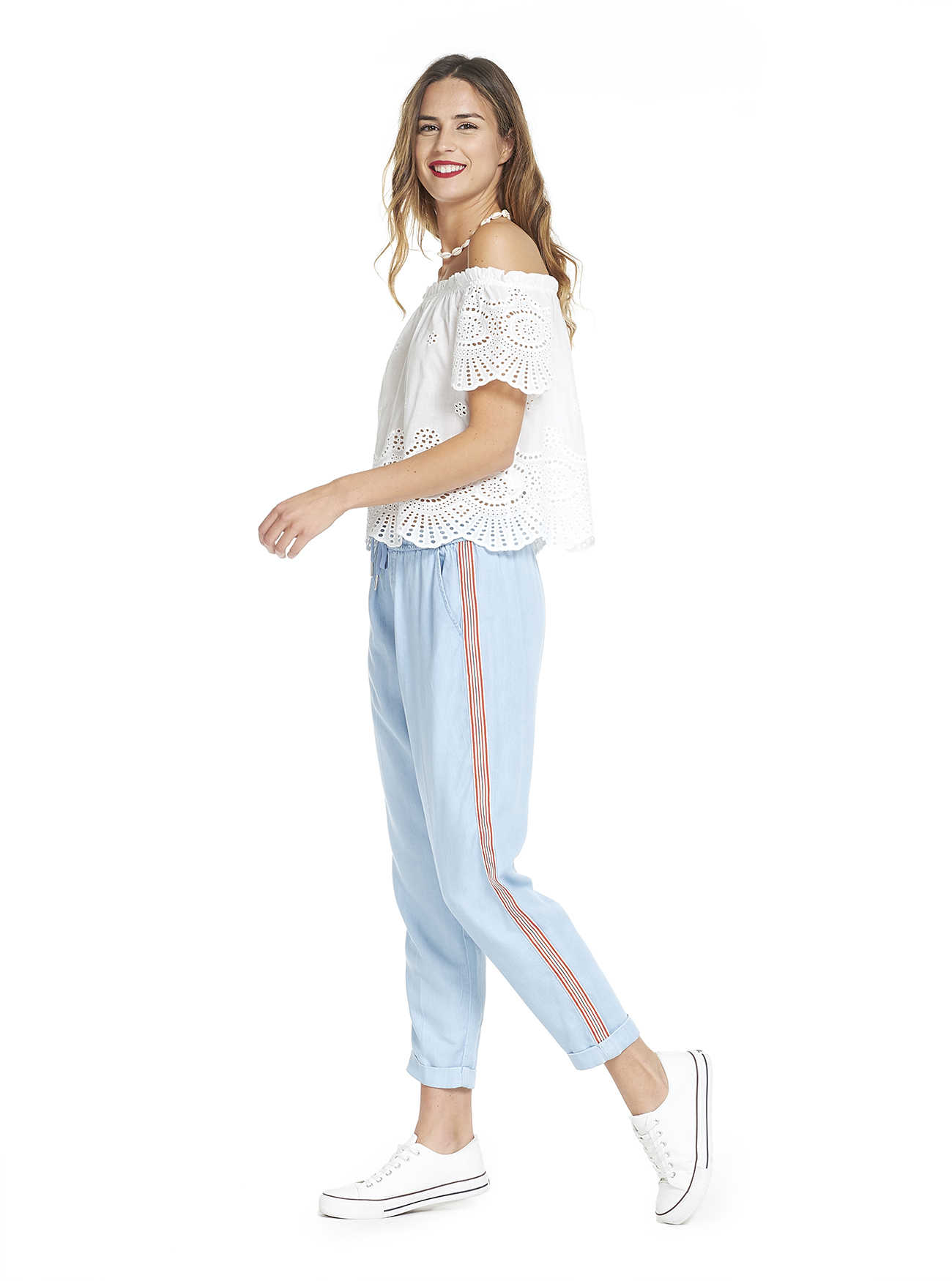 Jogger in tessuto leggero effetto denim con bande laterali a contrasto, BLUE