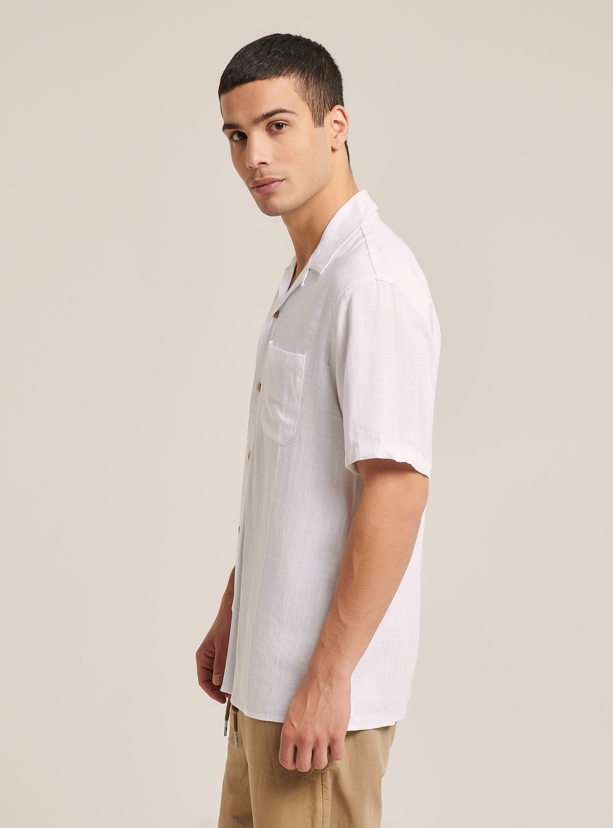 Linen blend shirt with bowling collar, WHITE