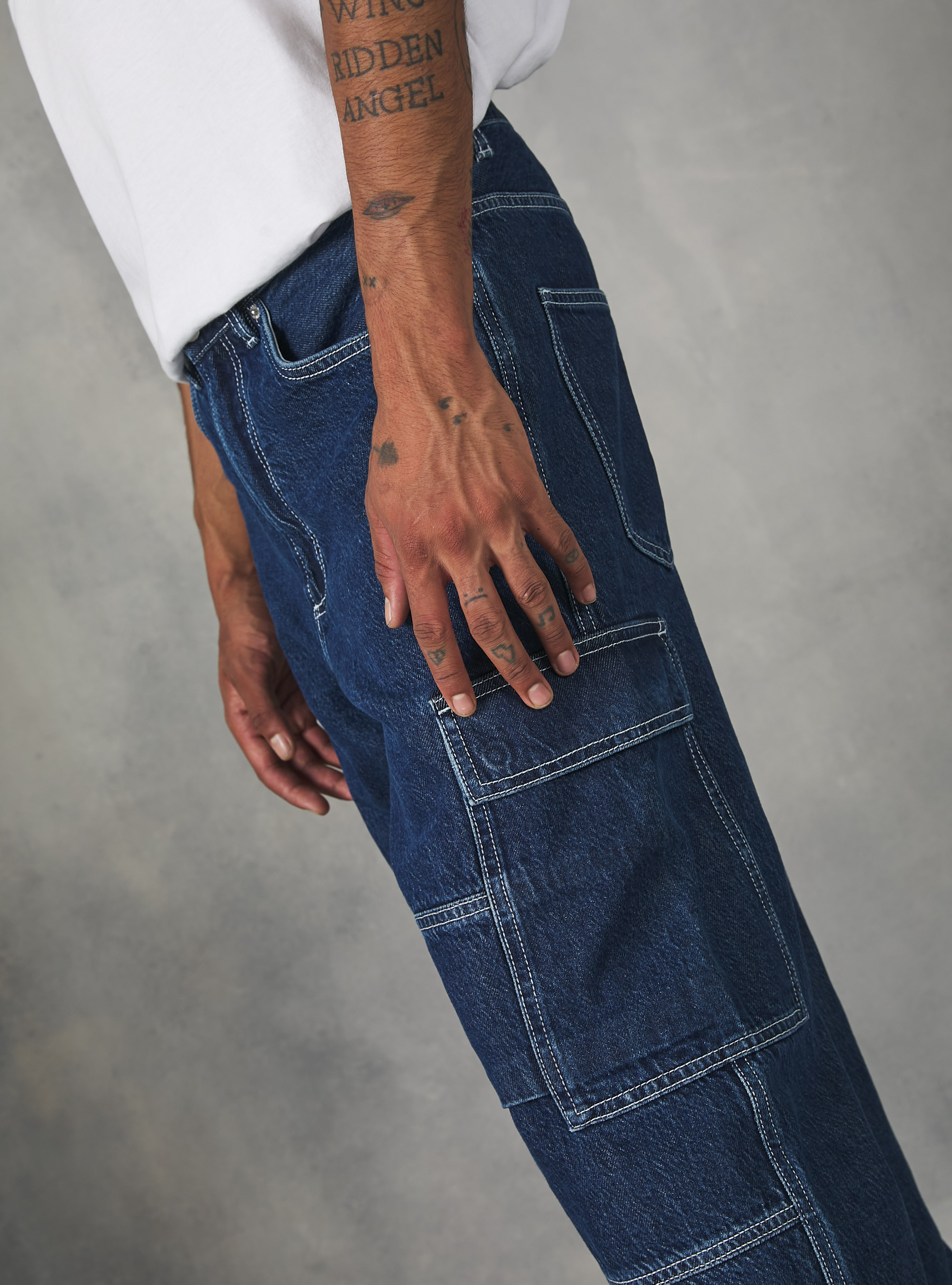 Cargo jeans with contrast stitching, D001 DEEP BLUE