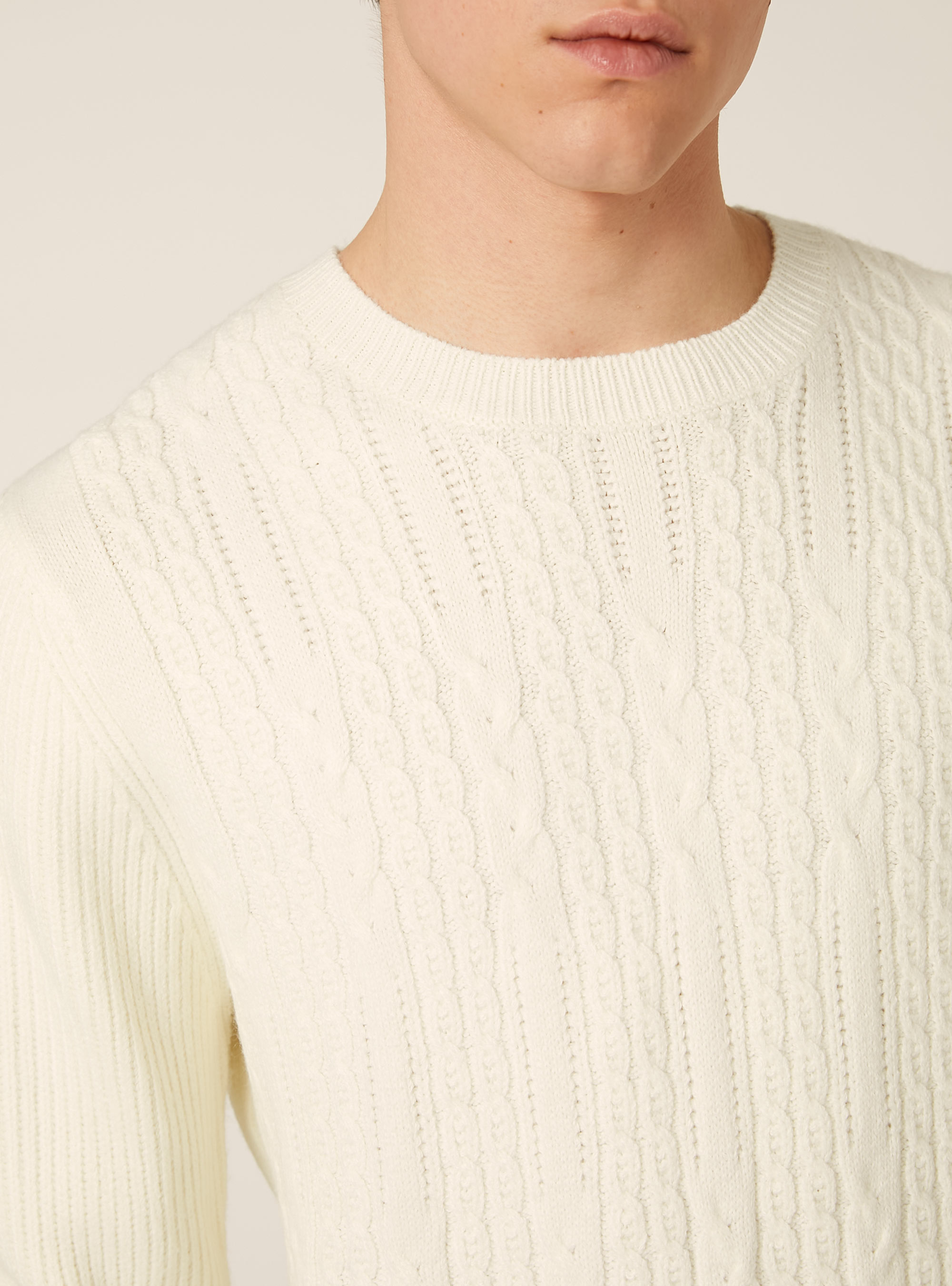 Maglione girocollo trecce, WH1 OFF WHITE