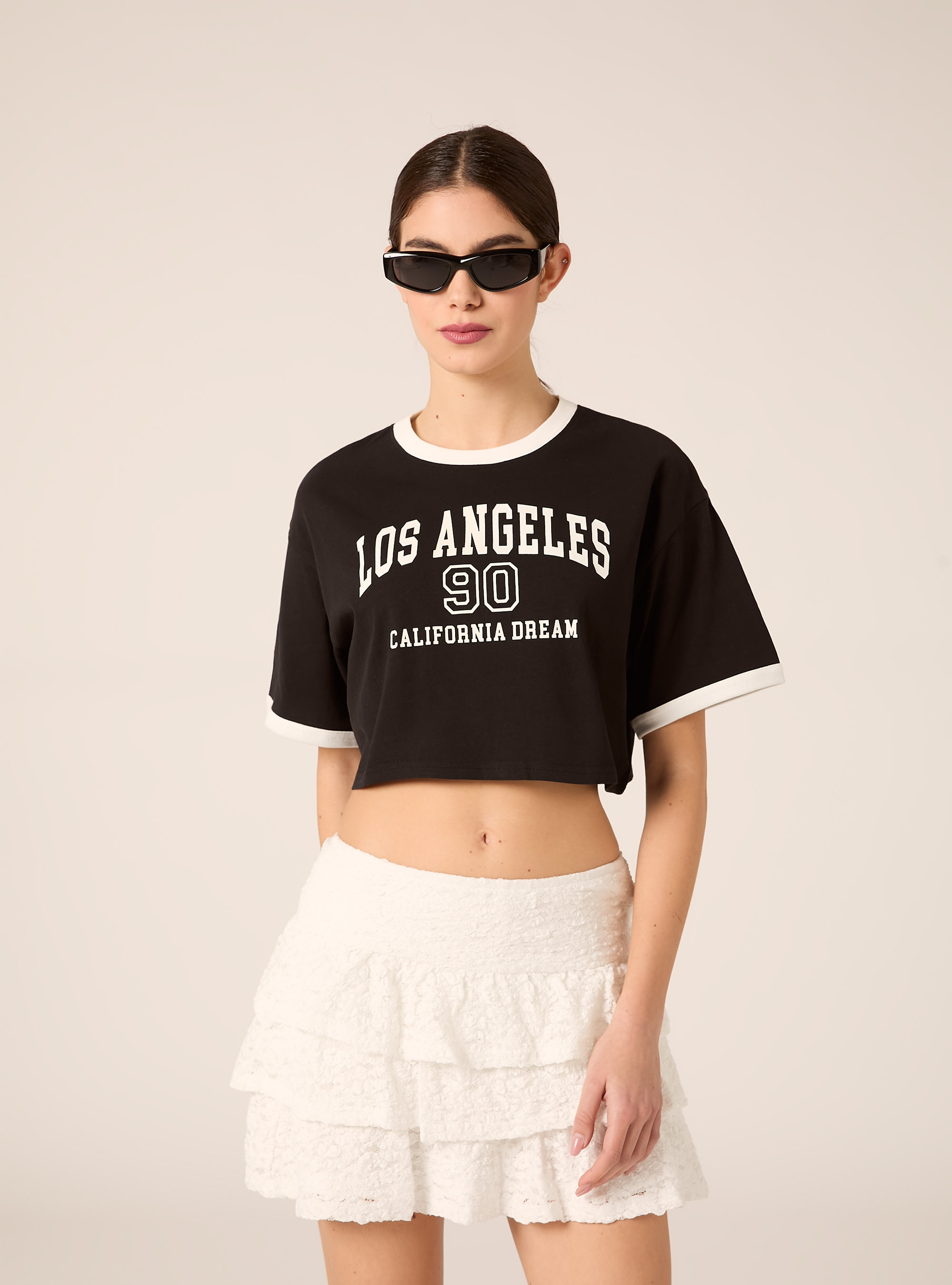 T-shirt crop stampa college, BK1 BLACK