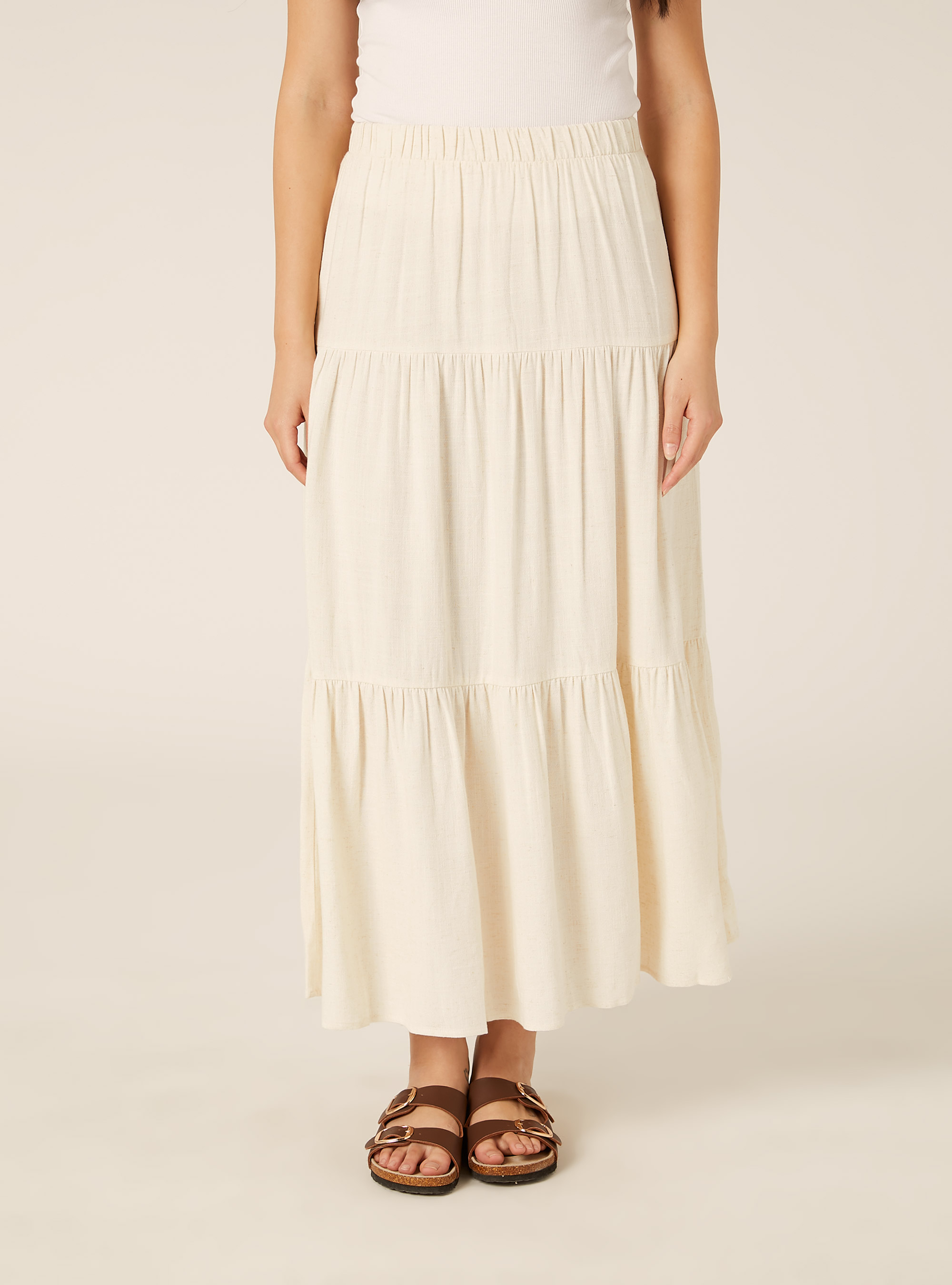 Jupe boh&egrave;me &agrave; volants en m&eacute;lange de lin, MBG3 BEIGE MEL LIGHT