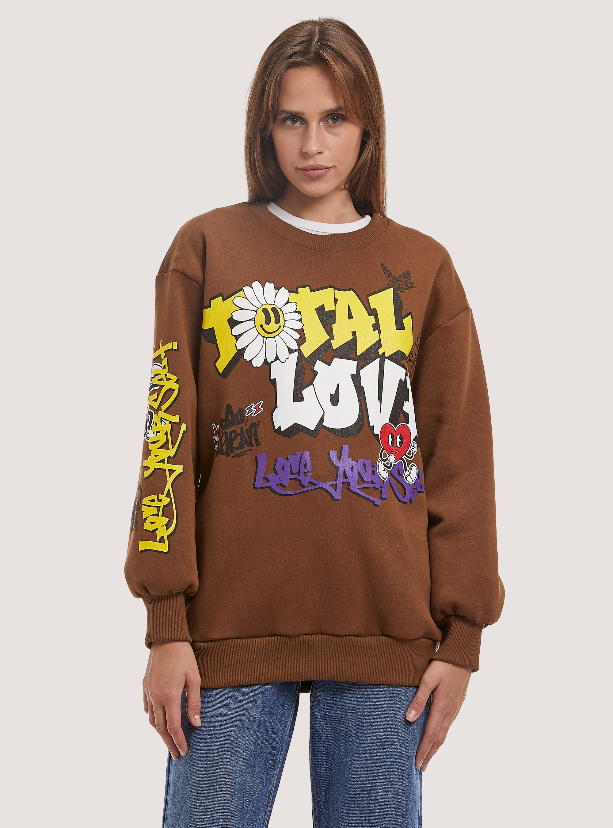 Felpa girocollo e stampa total love, BG2 BEIGE MEDIUM