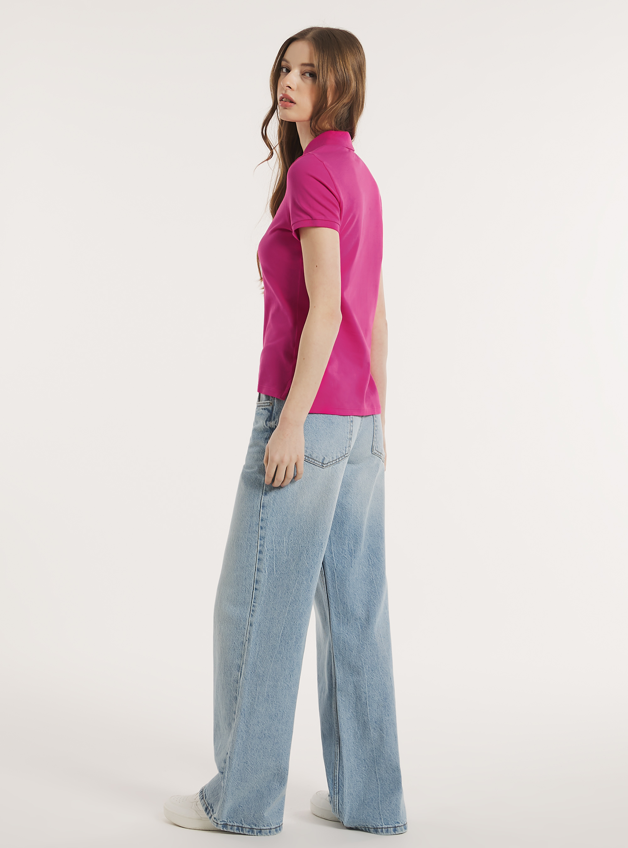 Cotton piqué polo shirt with embroidery, FX2 FUXIA MEDIUM