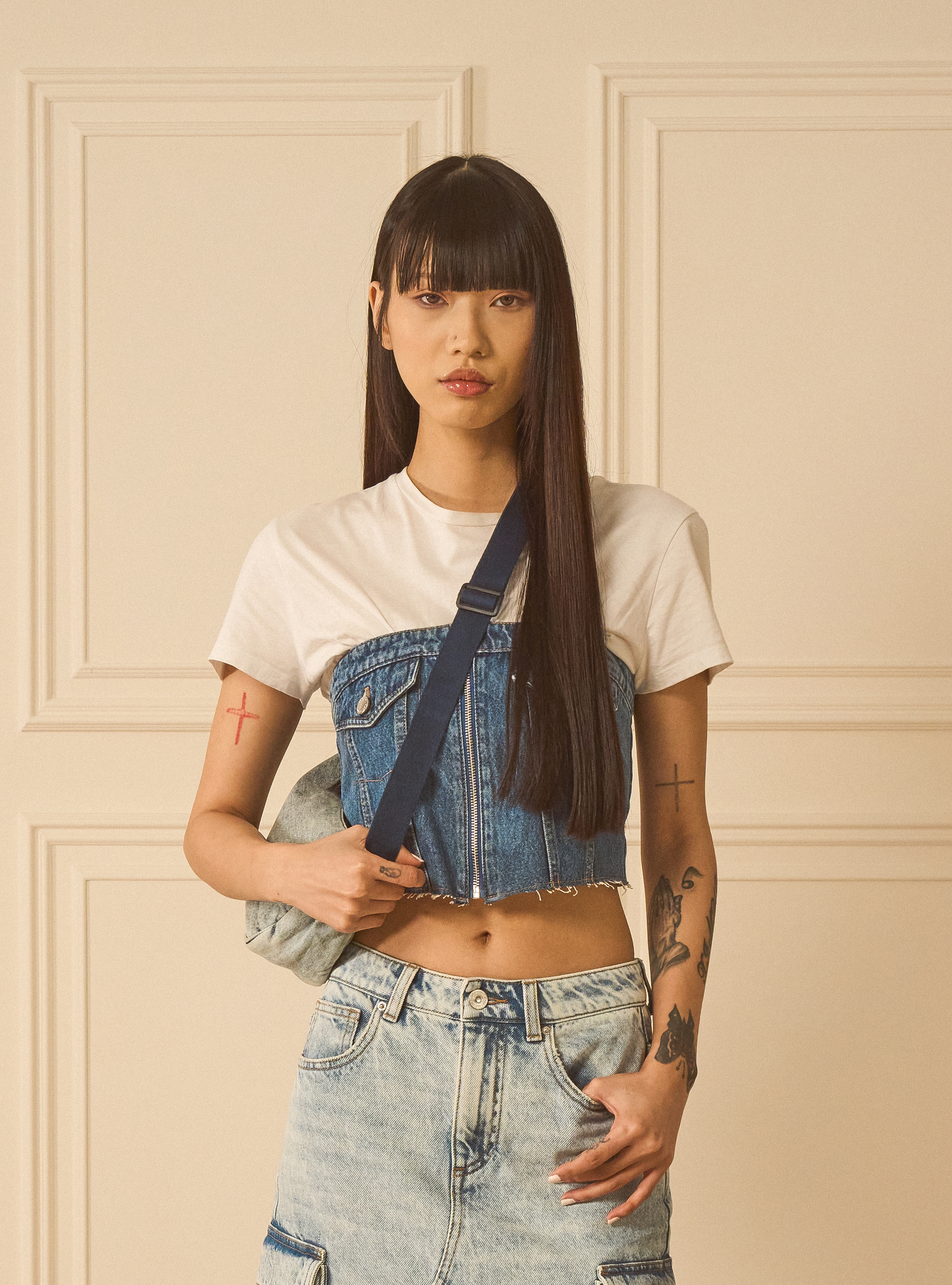 Denim bustier with zip, D003 MEDIUM BLUE