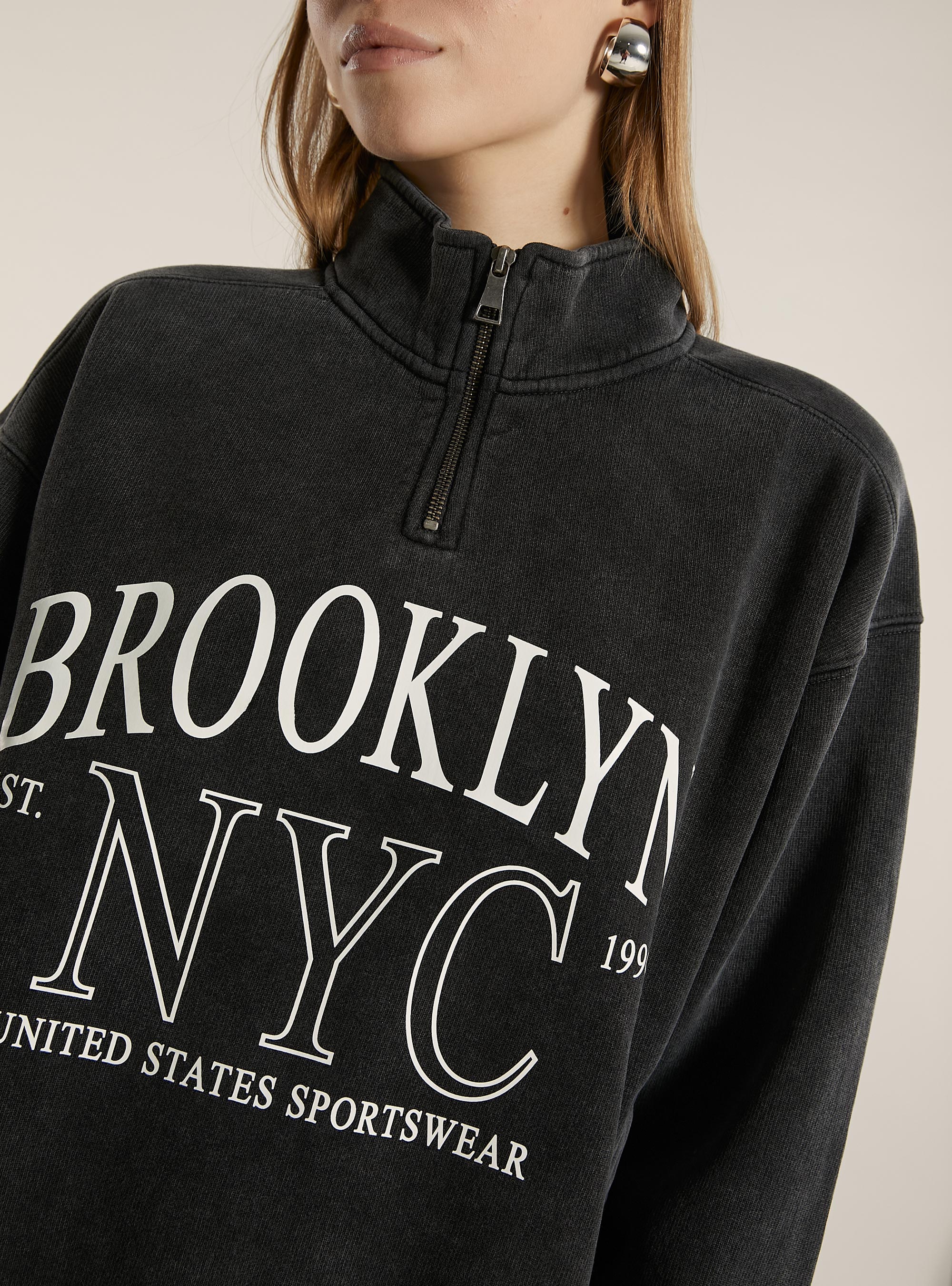 Half-neck sweatshirt with zip, BK1 BLACK