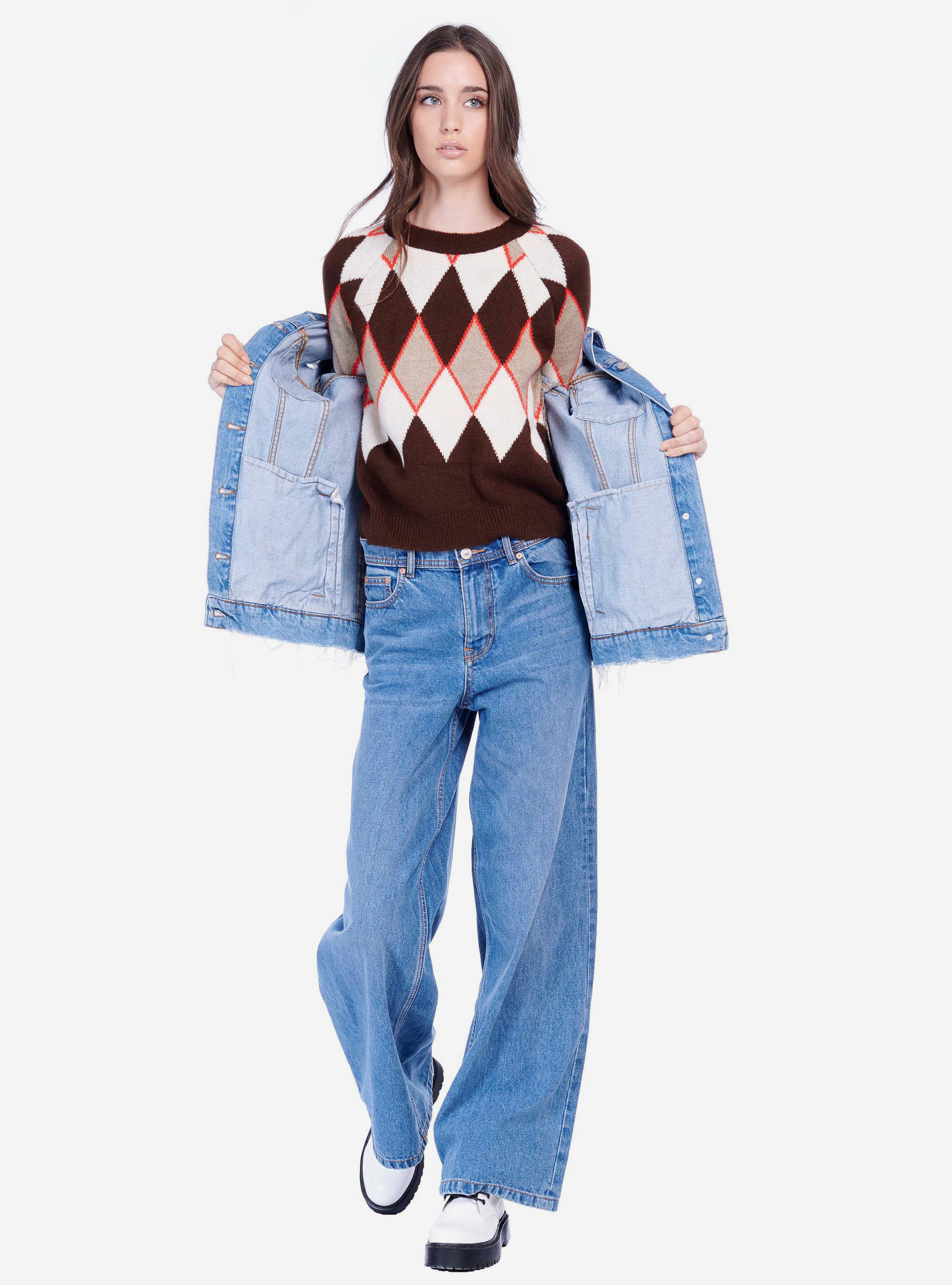 Pull ras du cou à motif losanges, C5538 DARK BROWN