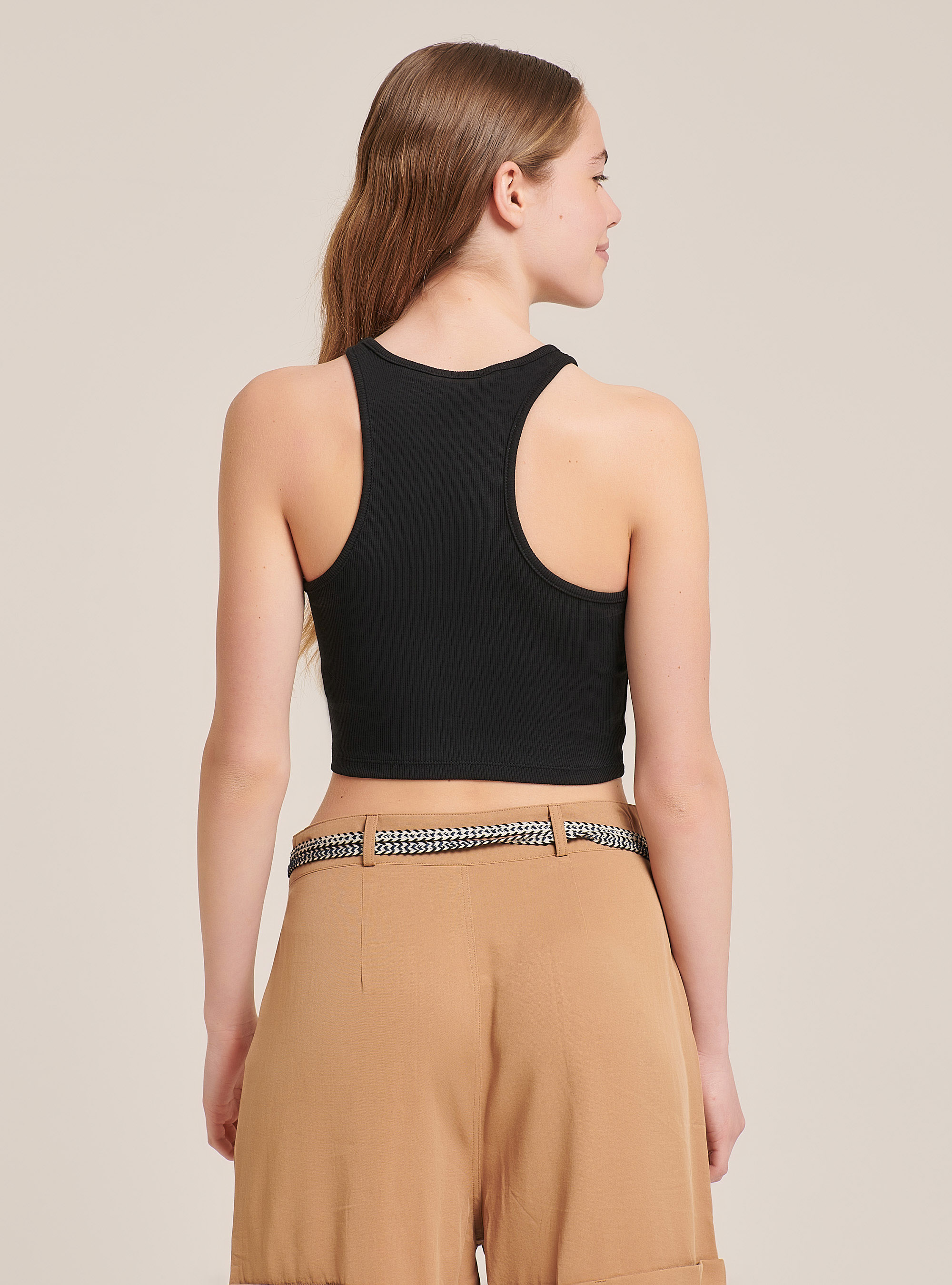 Elastic ribbed crop top in cotton, BLACK