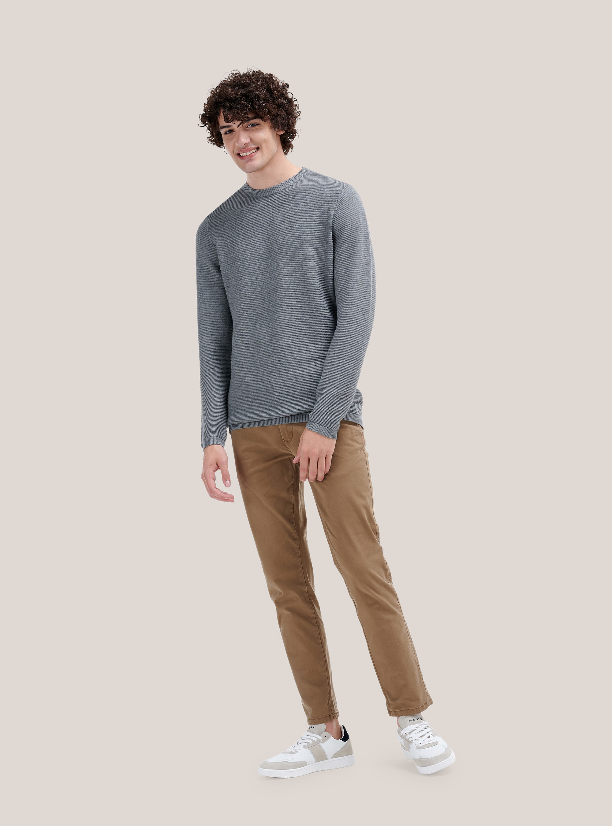 Structured knit crewneck pullover, GREY MELANGE