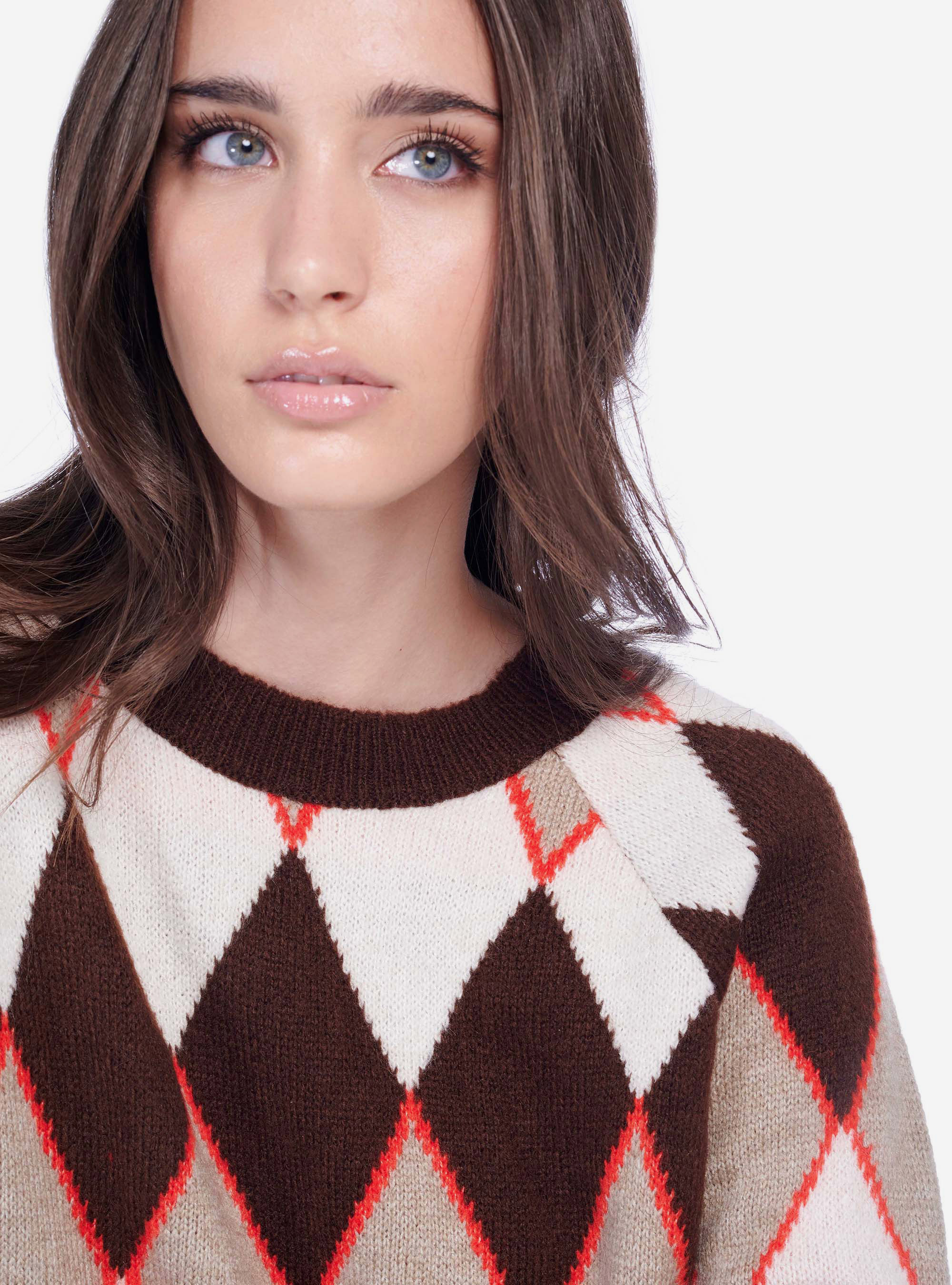 Pull ras du cou à motif losanges, C5538 DARK BROWN