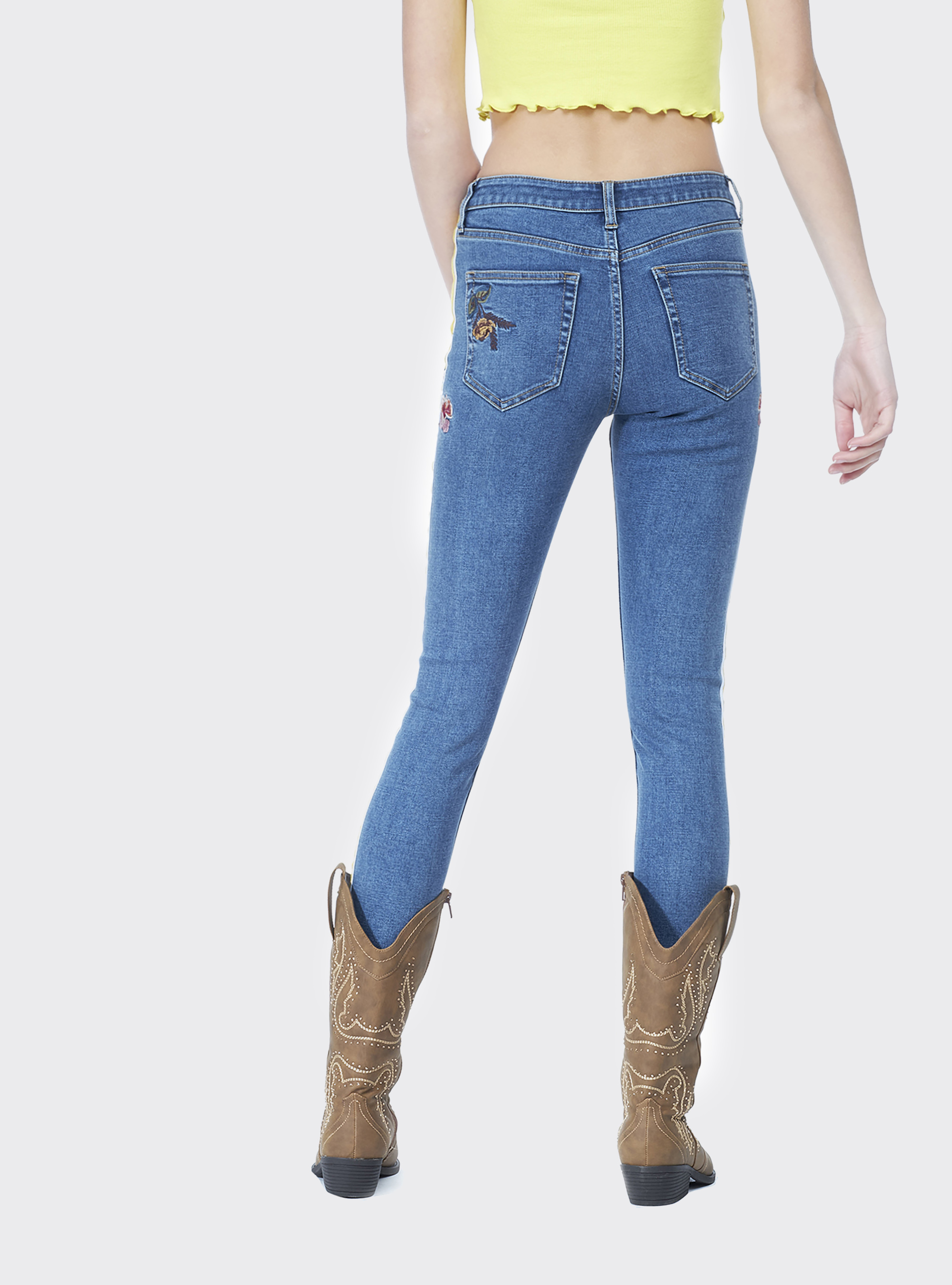 Jeans skinny fit con ricamo fiori a vita alta, AZZURRO