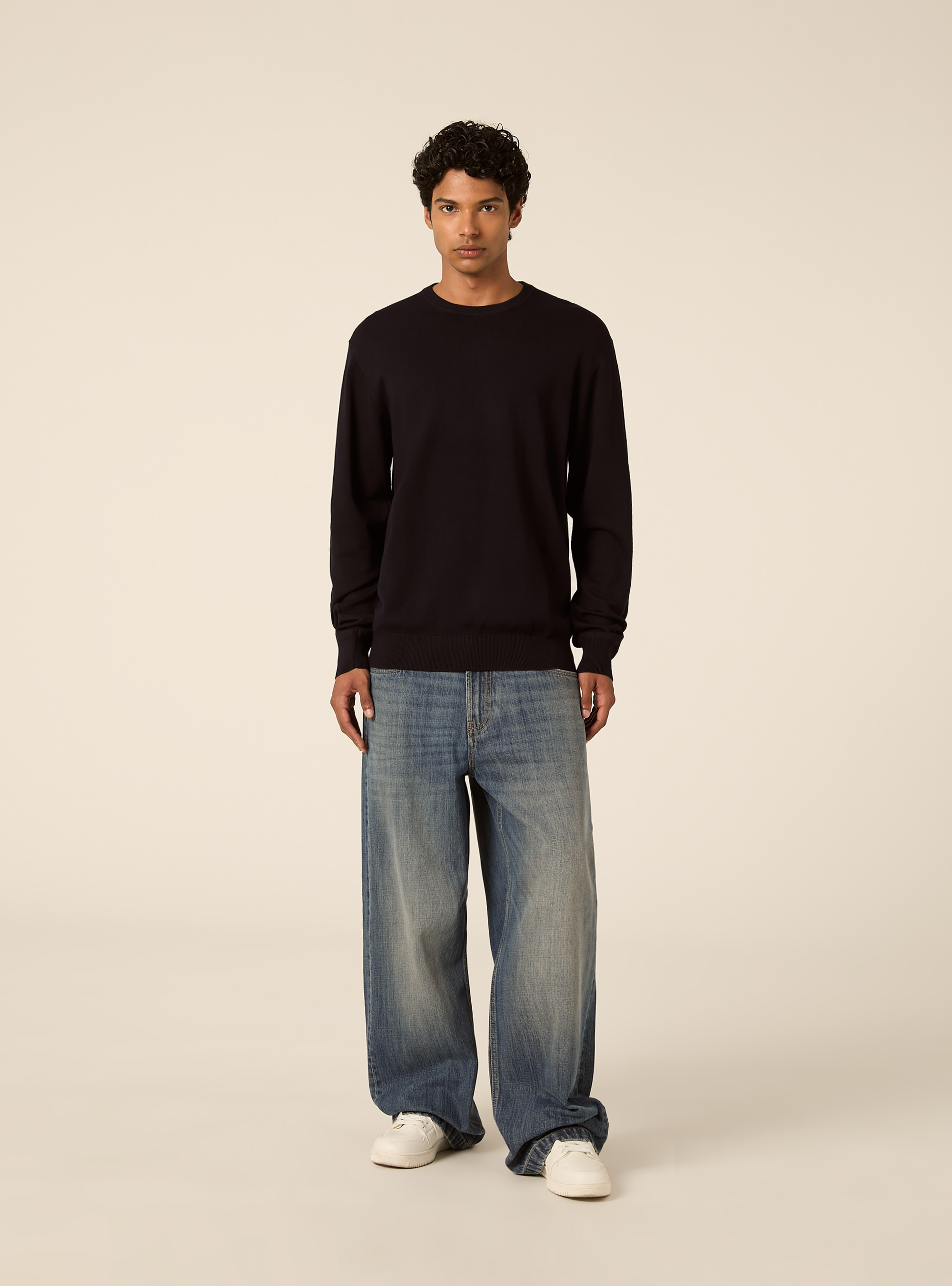 Pullover girocollo in viscosa, NAVY SCURO
