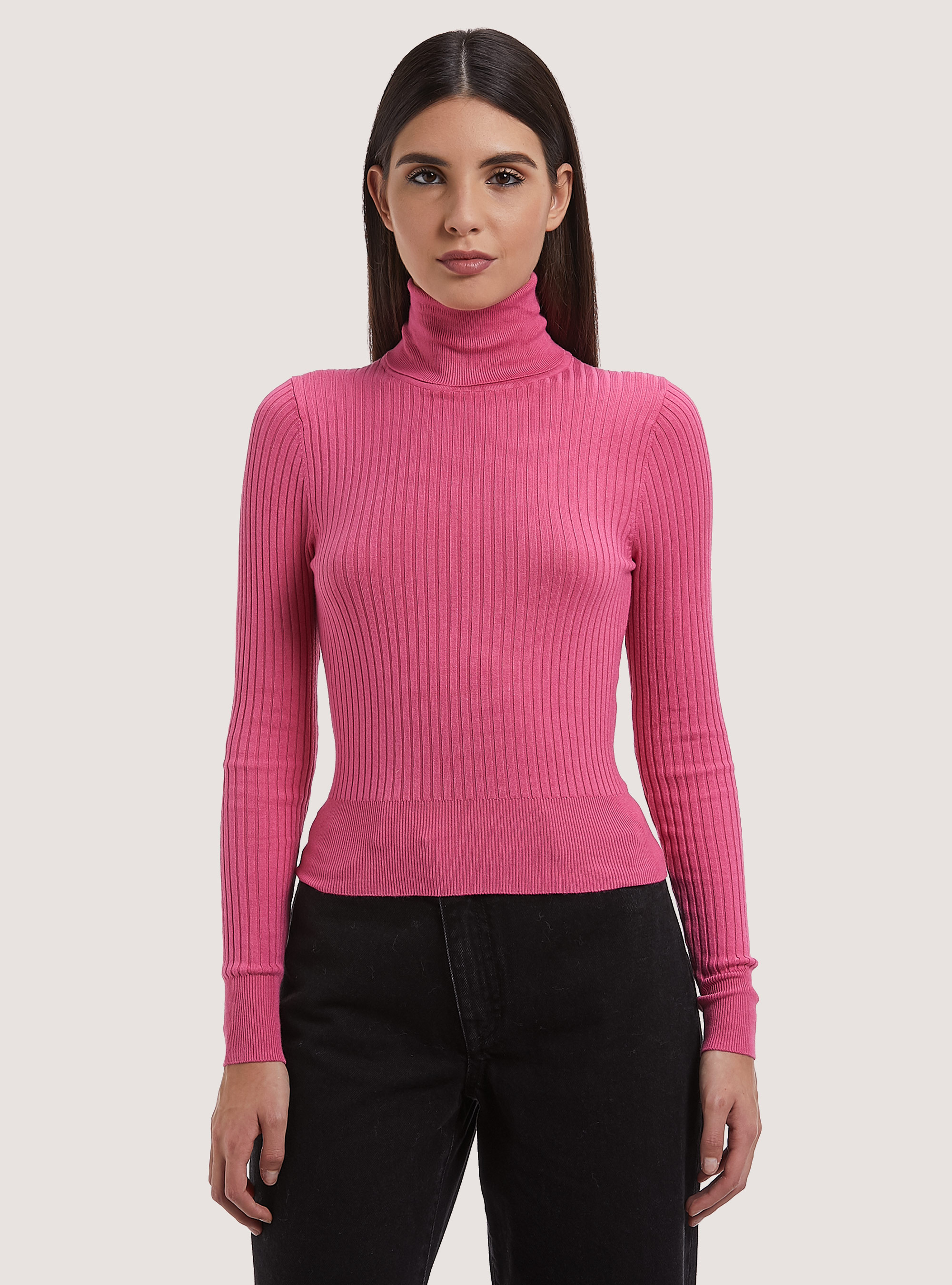 Pullover cropped a collo alto a coste, MPK1 PINK MEL DARK