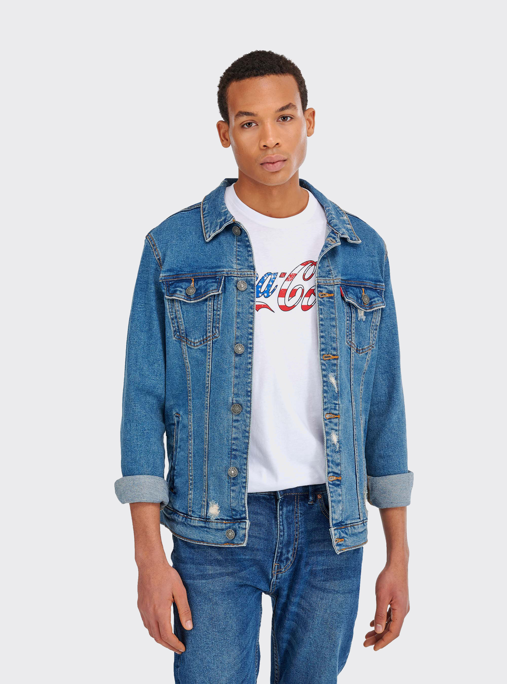 Veste en jean avec d&eacute;chirures, C284 AZZURRE