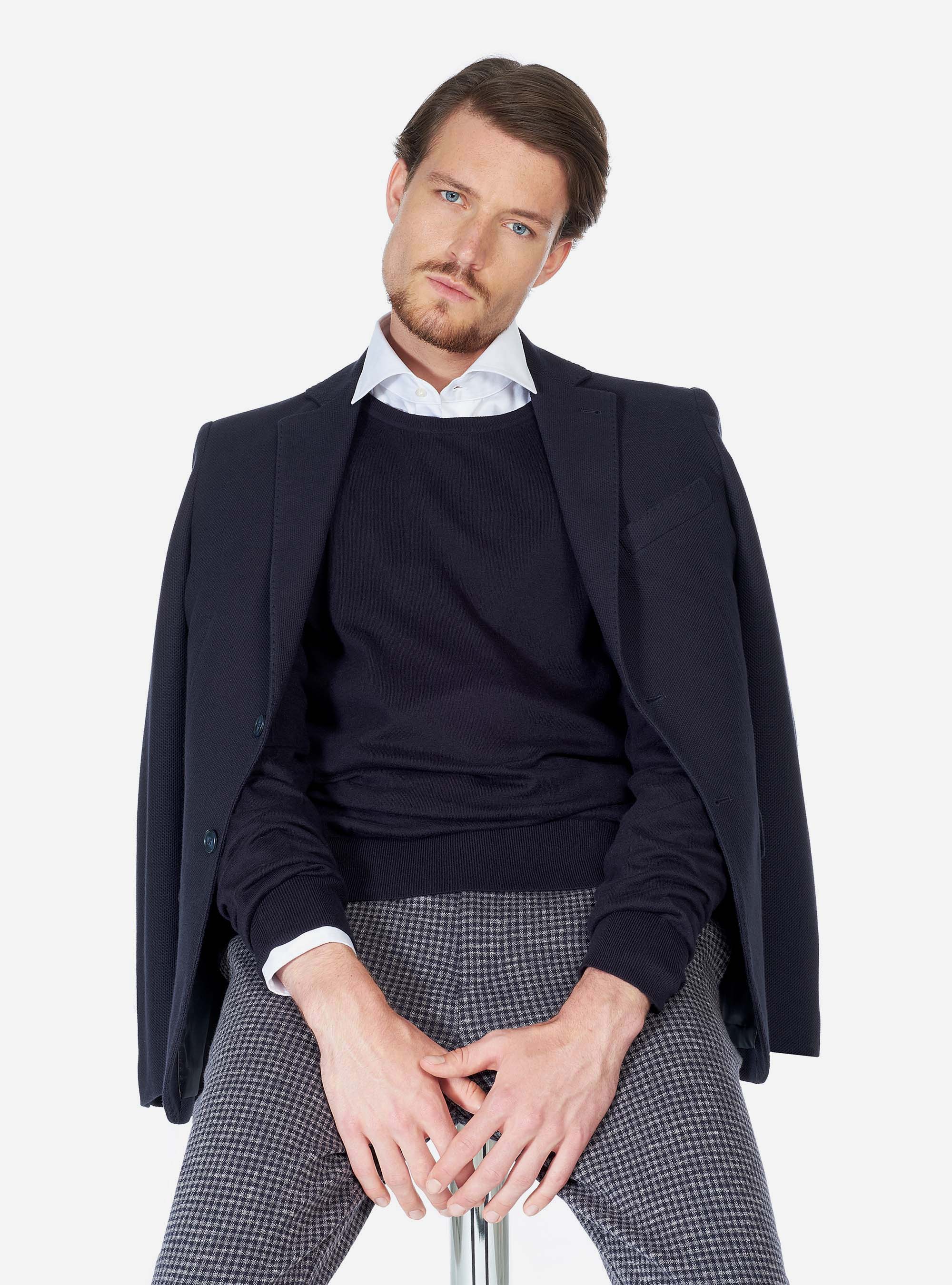 Pull col rond en coton soie et cachemire, C210 BLUE NAVY