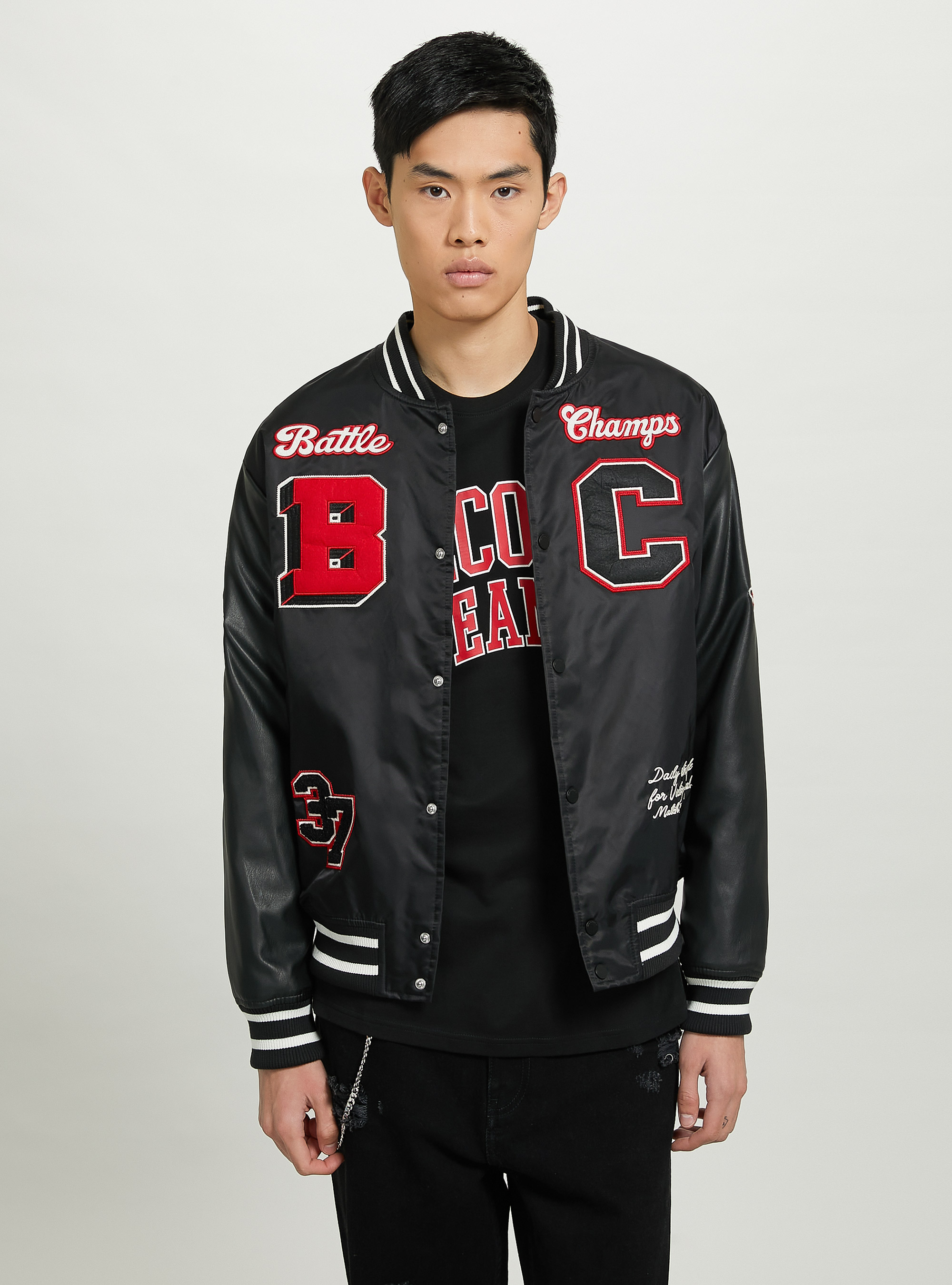 Varsity bomber jacket with patch, BK1 BLACK