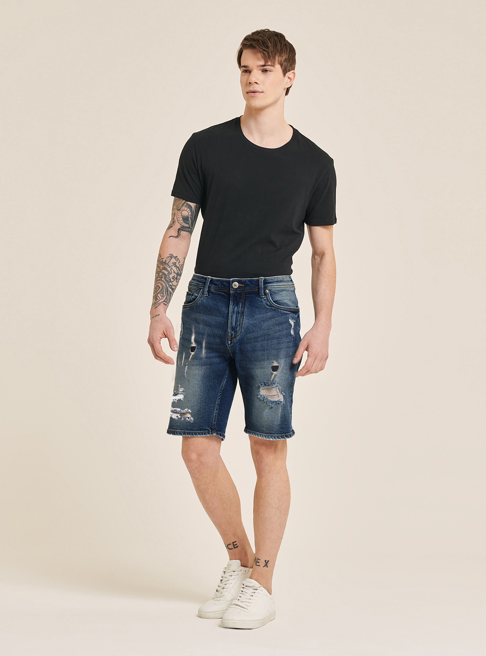 Bermuda in denim stretch con rotture, BLUE