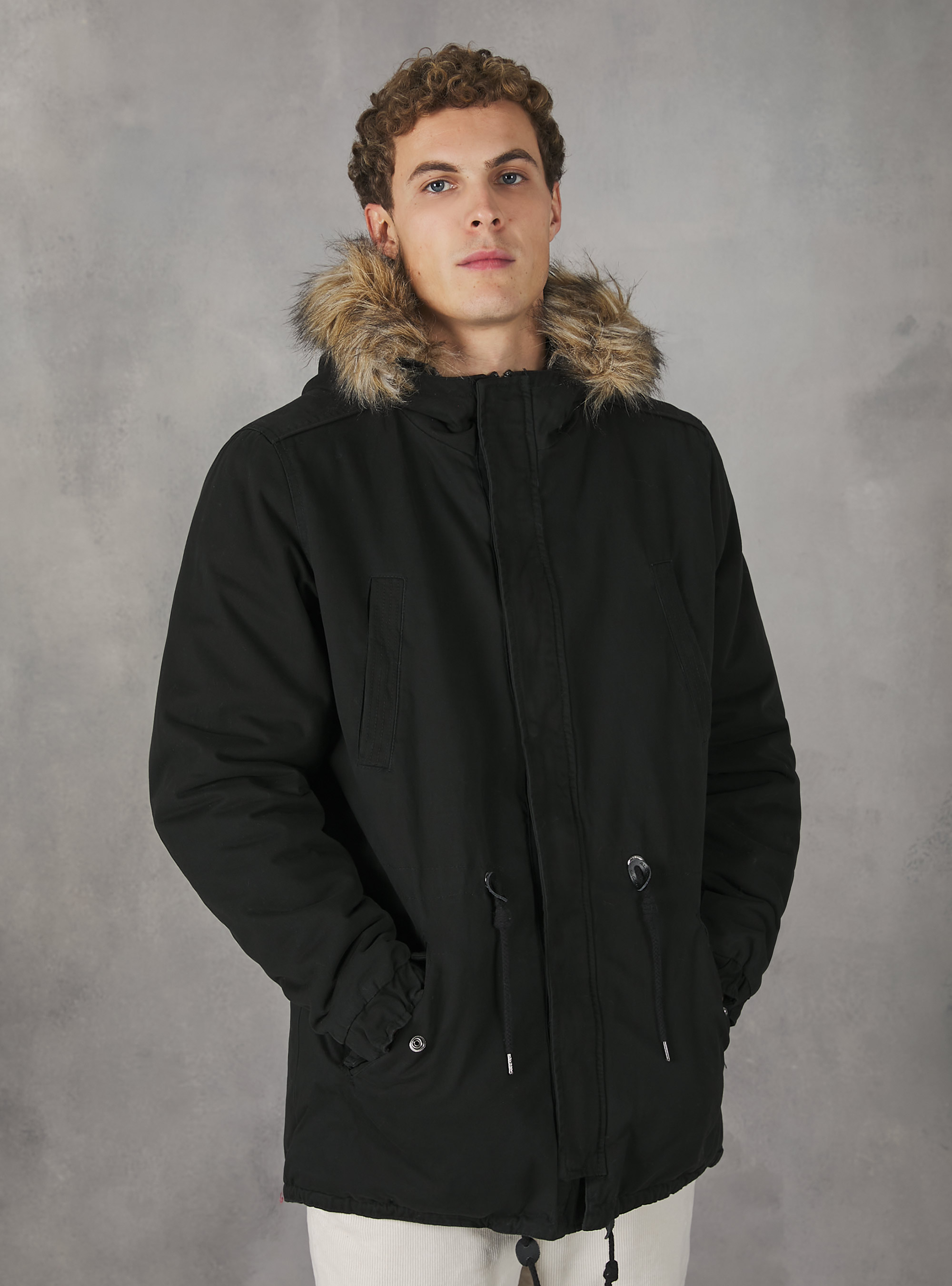 PARKA JACKET WITH FAKE LAMBSKIN, BLACK