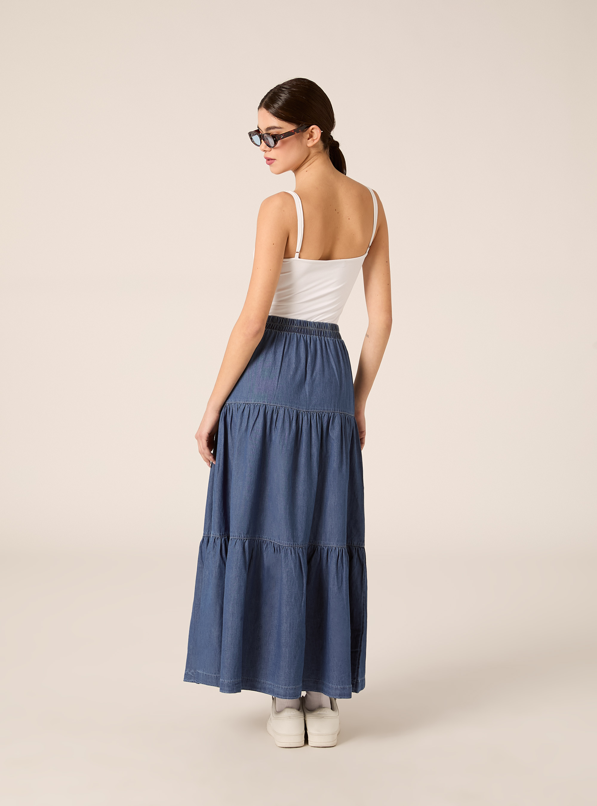 Gonna lunga con balze in chambray, D004 MEDIUM LIGHT BLUE